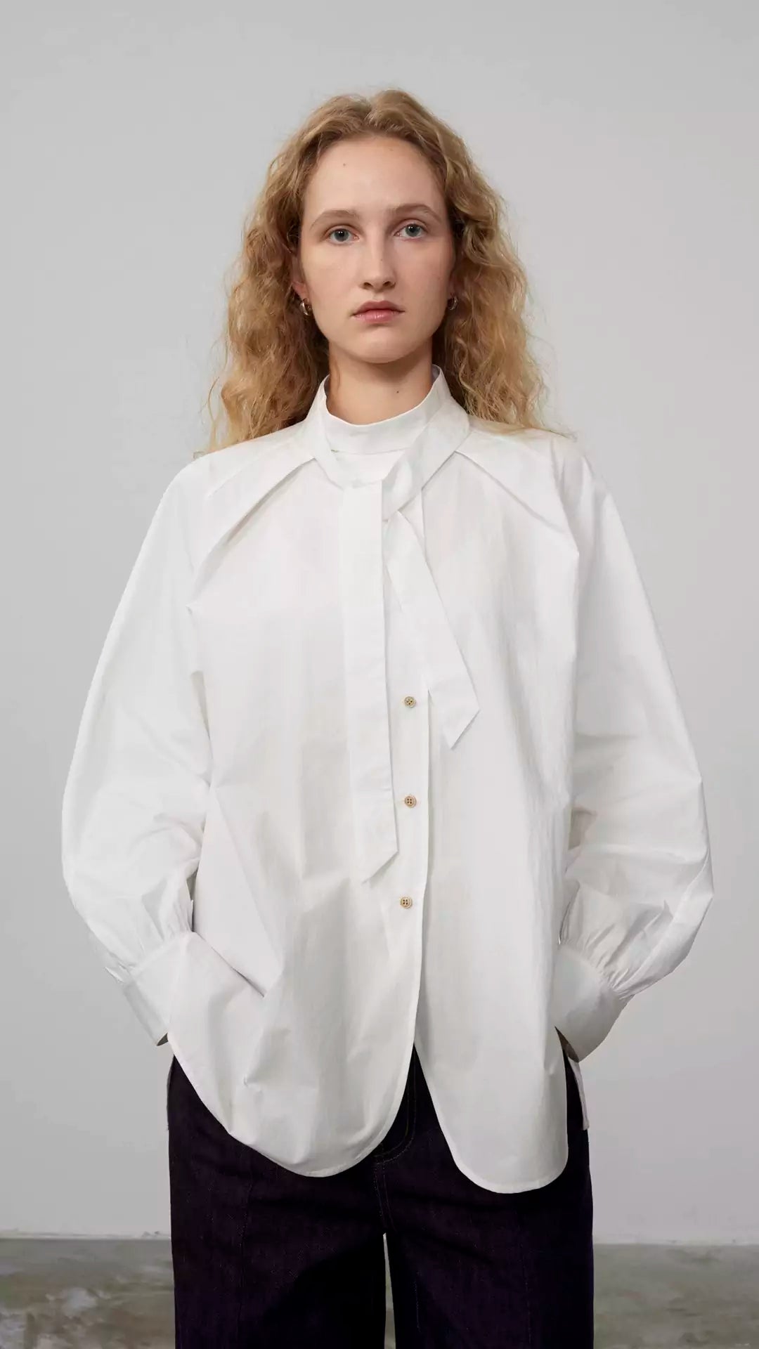 Vintage Striped Asymmetric Placket Shirt with Self-Tie Sash and Stand Collar