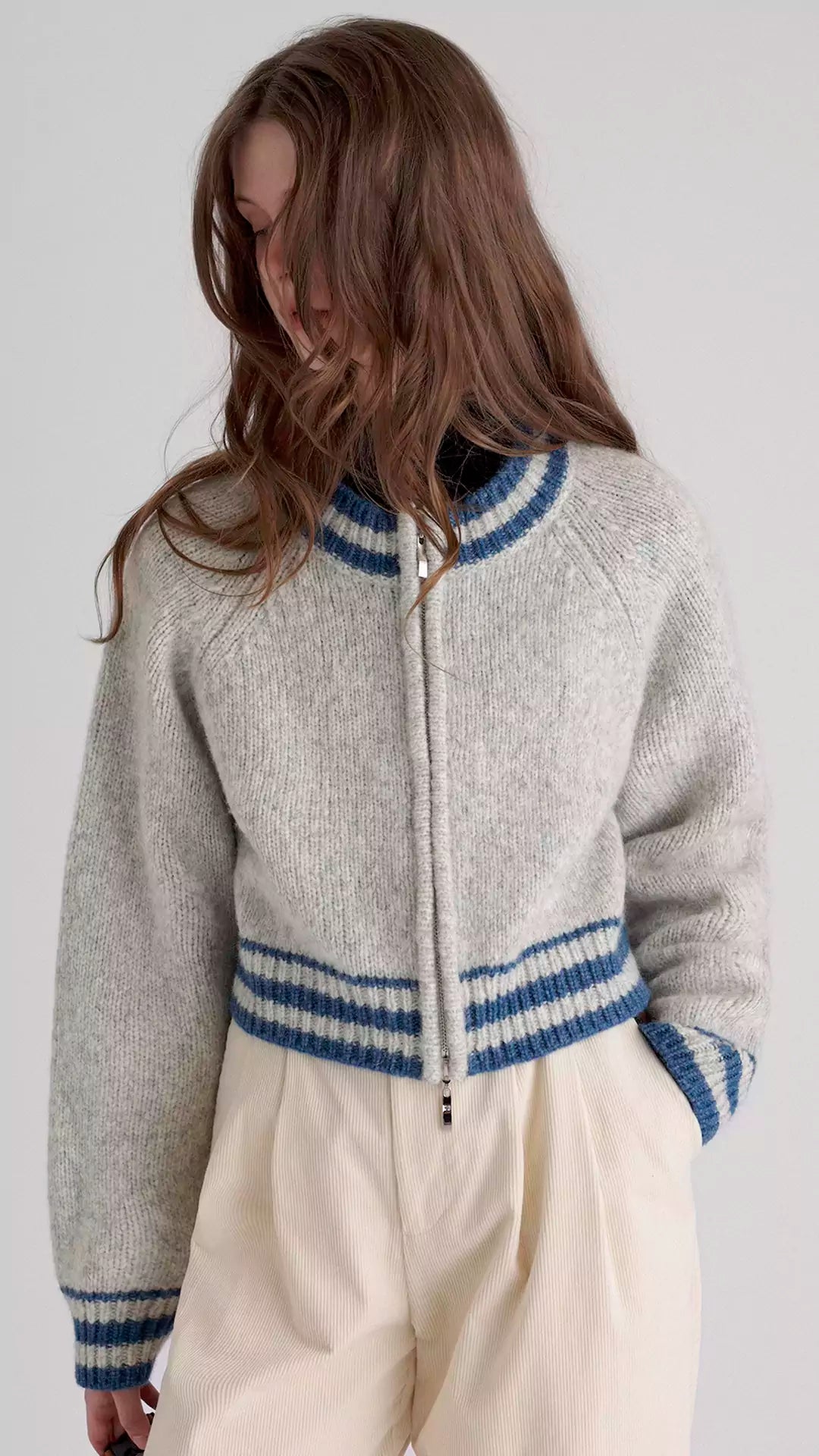 Knitted Zipper Cardigan Sweater with Long Sleeves