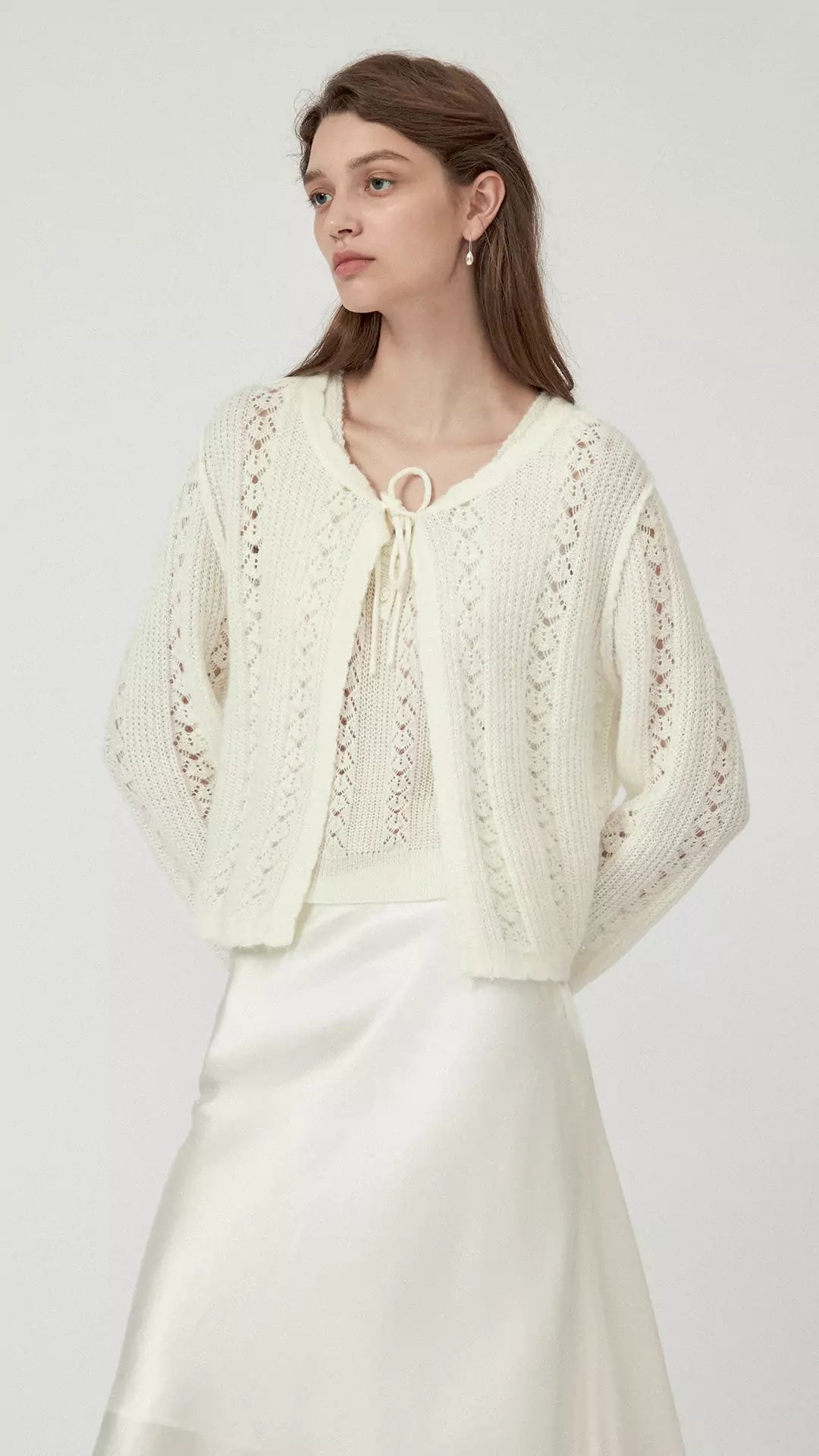 Alpaca Mohair Lace-Up Crochet Knit Cardigan