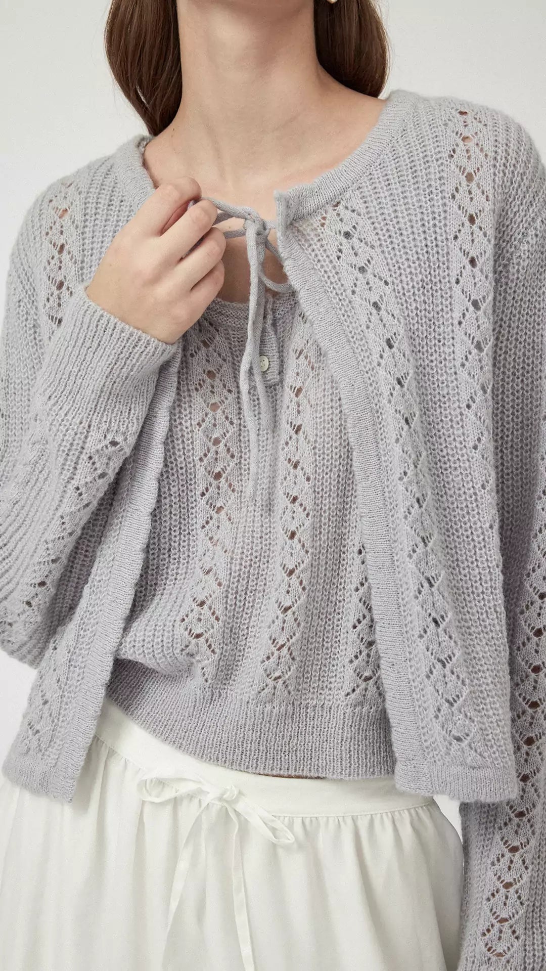 Alpaca Mohair Lace-Up Crochet Knit Cardigan