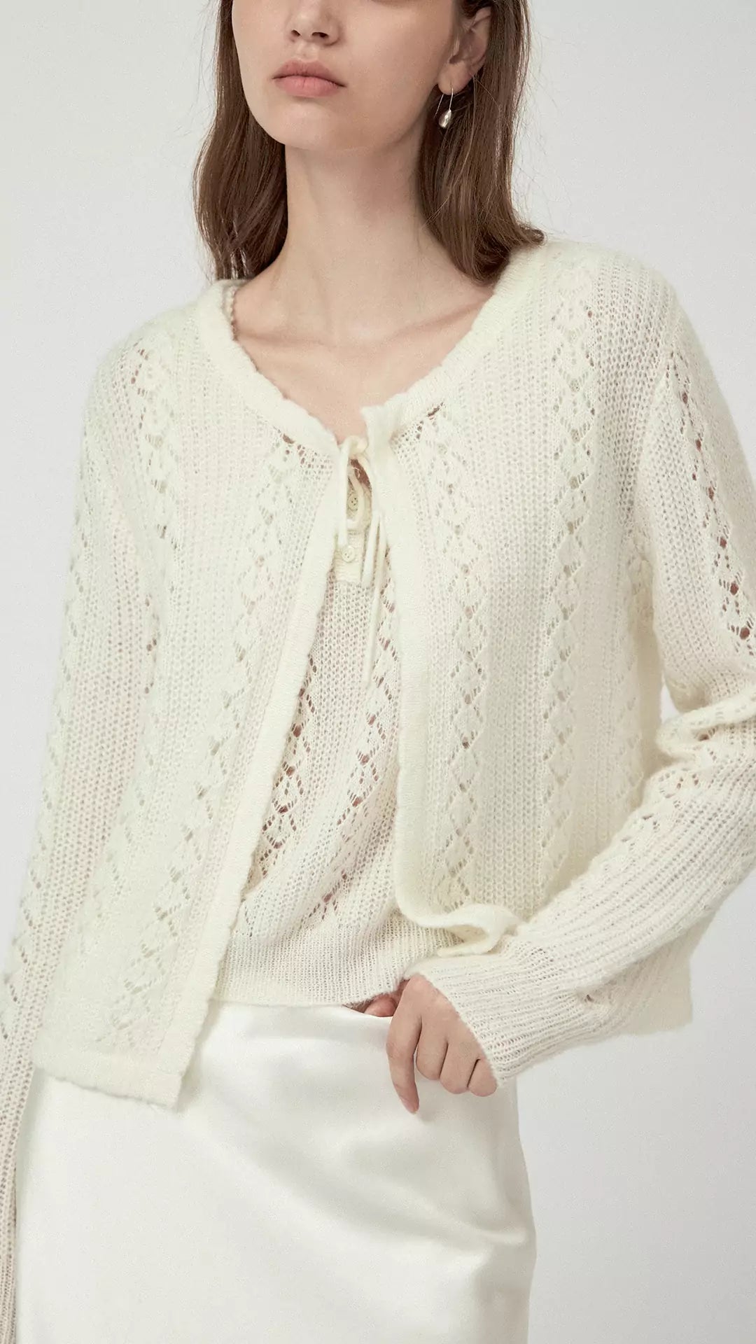 Alpaca Mohair Lace-Up Crochet Knit Cardigan