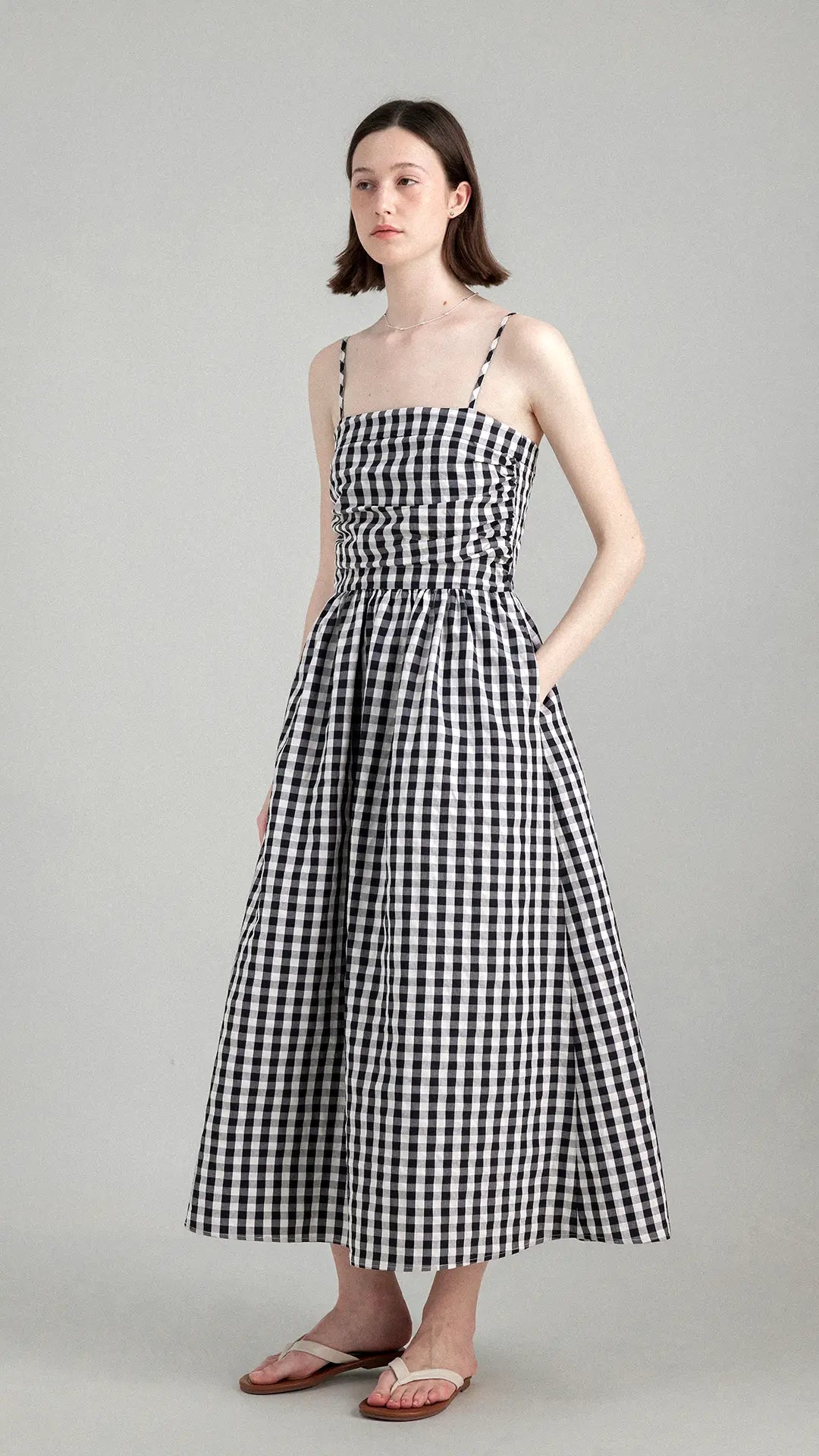 Vintage Pleated Waist-Cinching Plaid Long Slip Dress