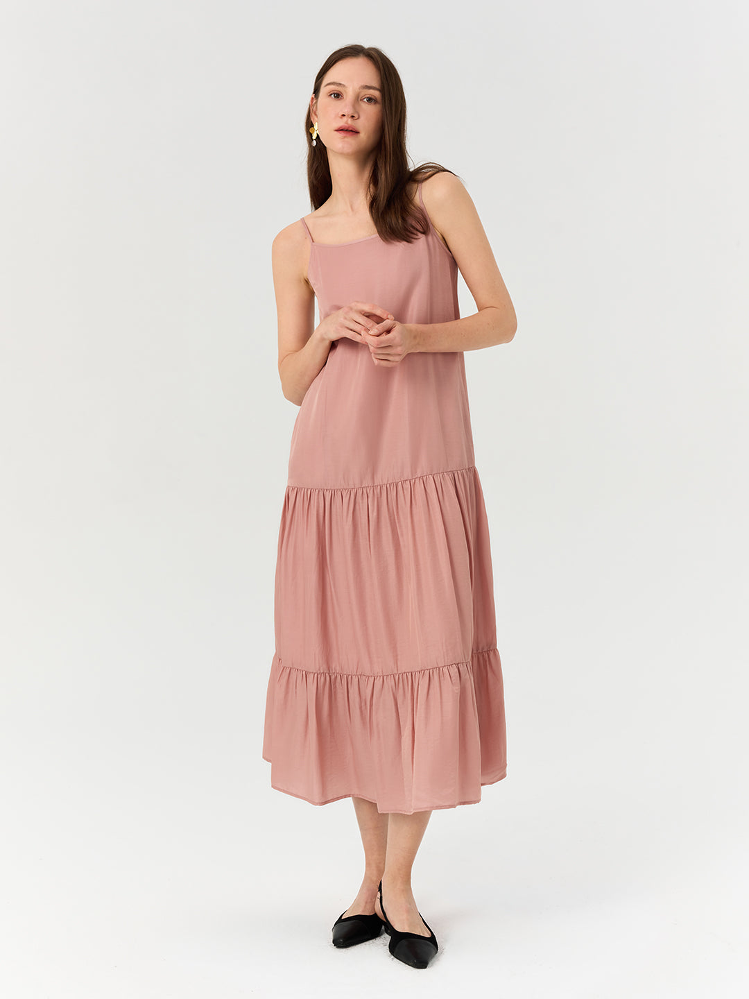 Elegant Solid Slip Tiered Cake Dress In Soft Pink