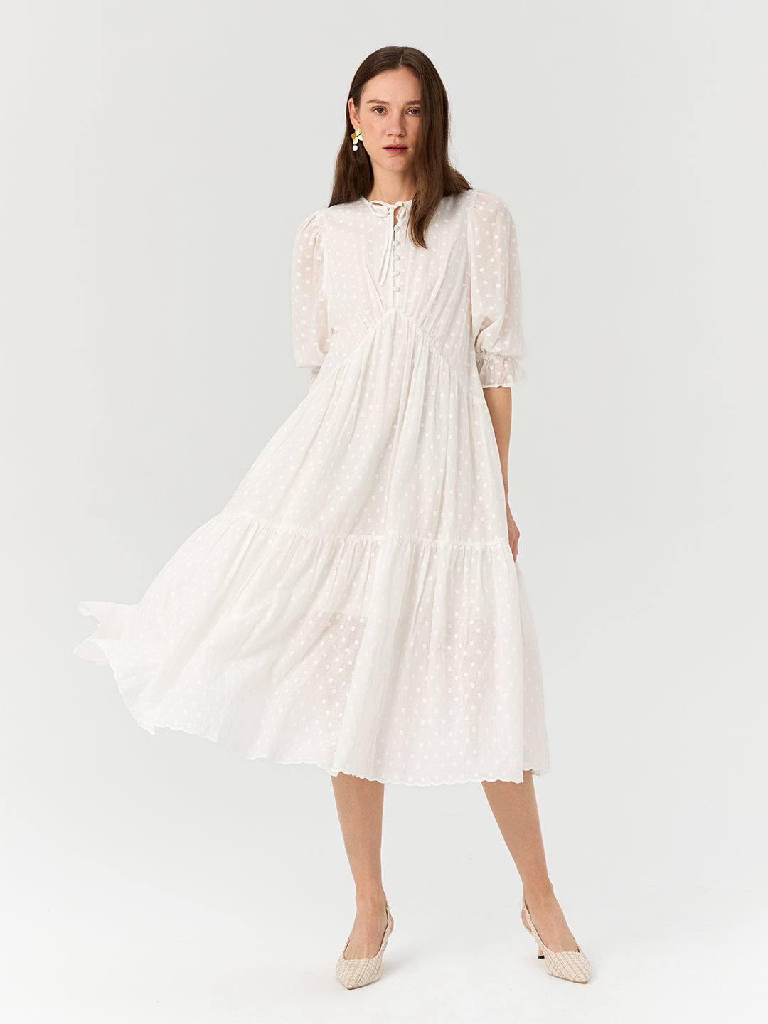 Embroidered Flared French Dress with 3/4 Sleeves