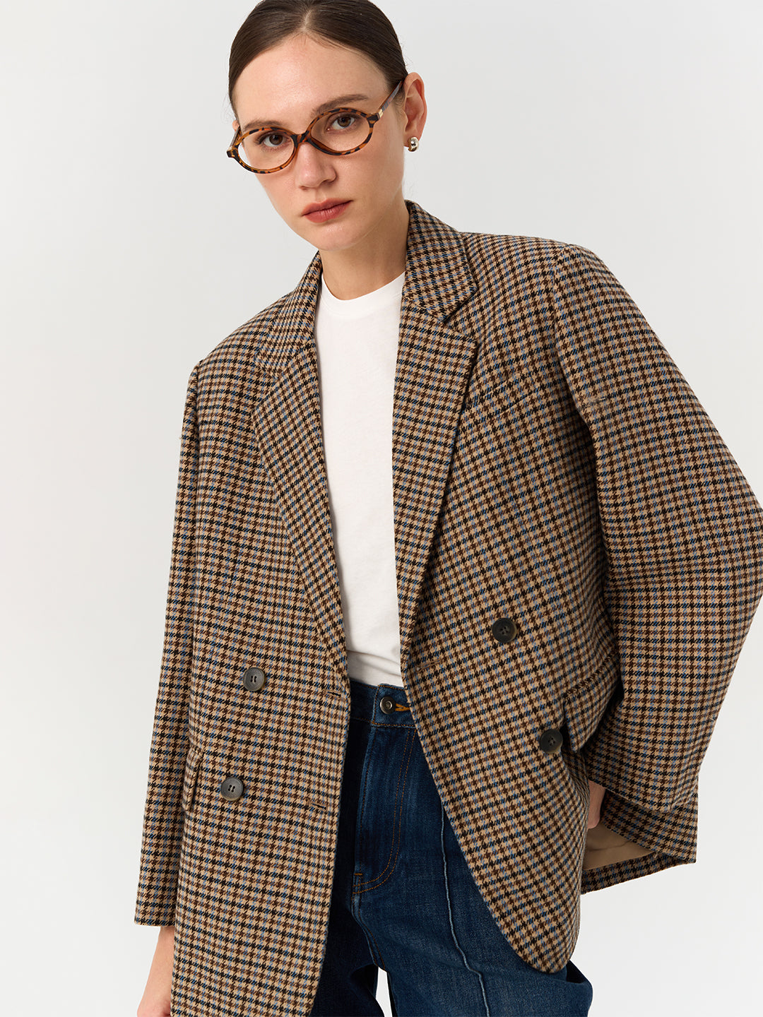 Houndstooth Double-Breasted Casual Blazer