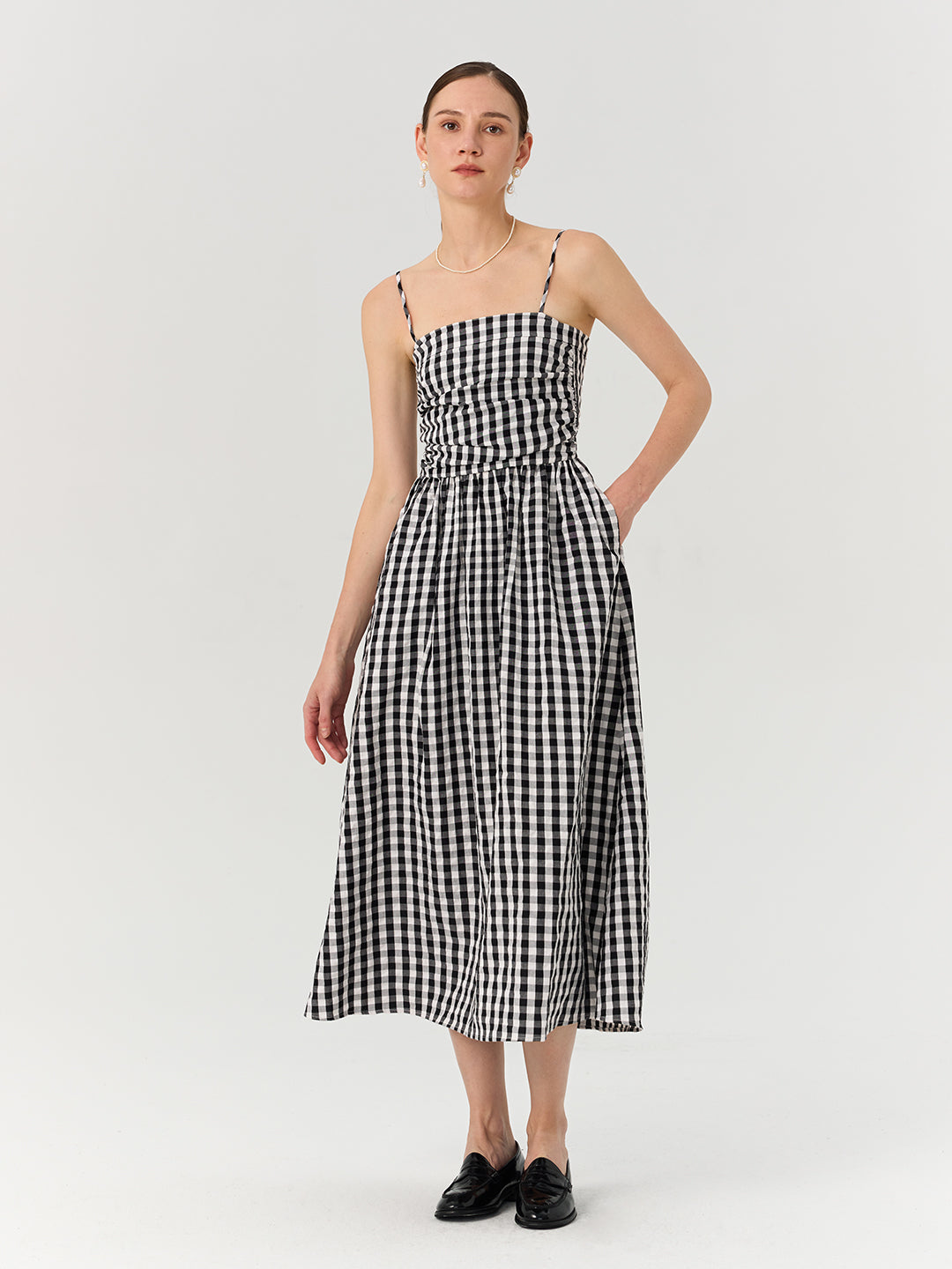 Vintage Pleated Waist-Cinching Plaid Long Slip Dress