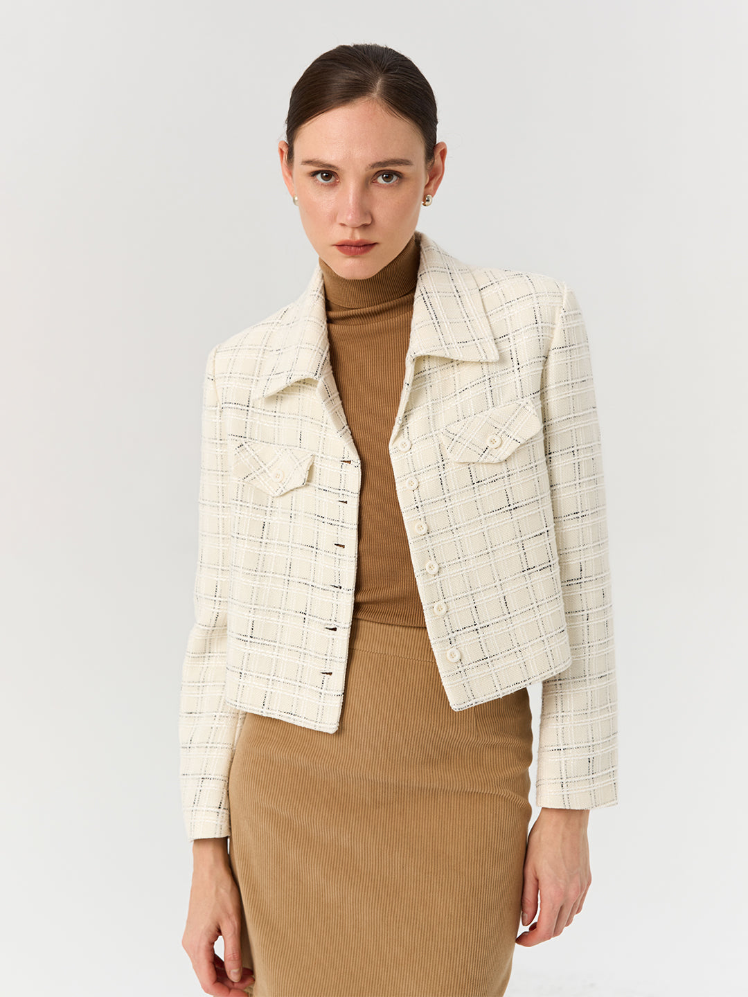 Textured Plaid Short Tweed Blazer