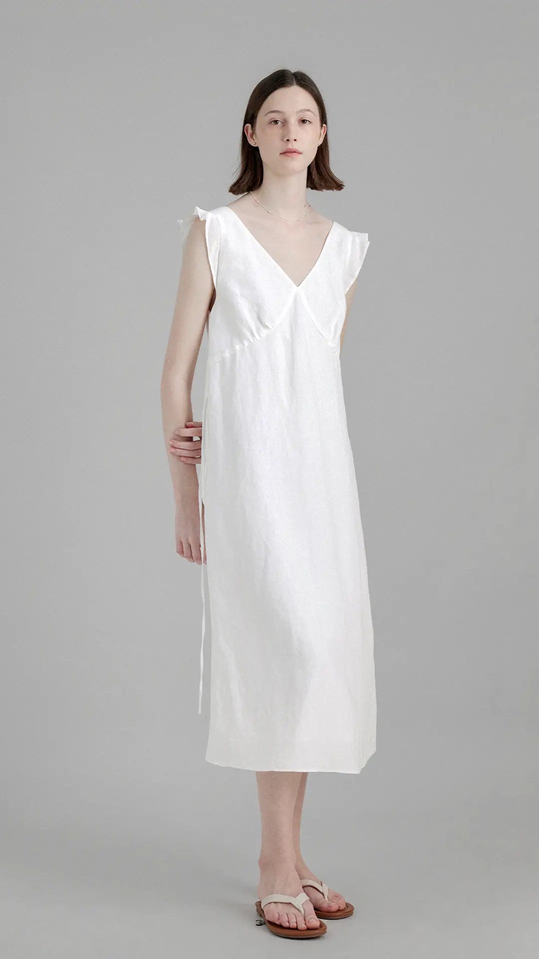 Elegant V-Neck Linen Midi Dress