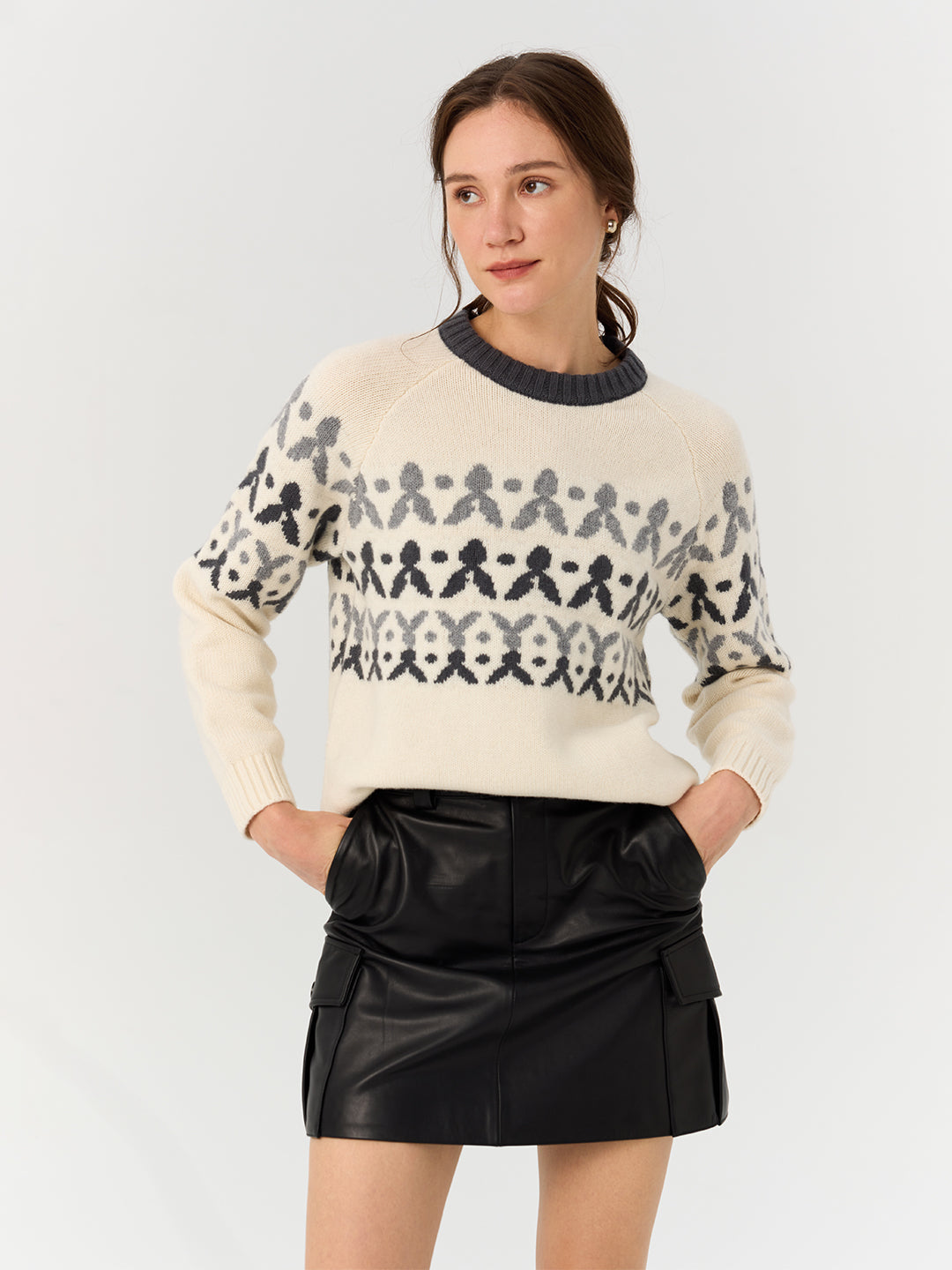 Crew Neck Jacquard Wool Knit Sweater