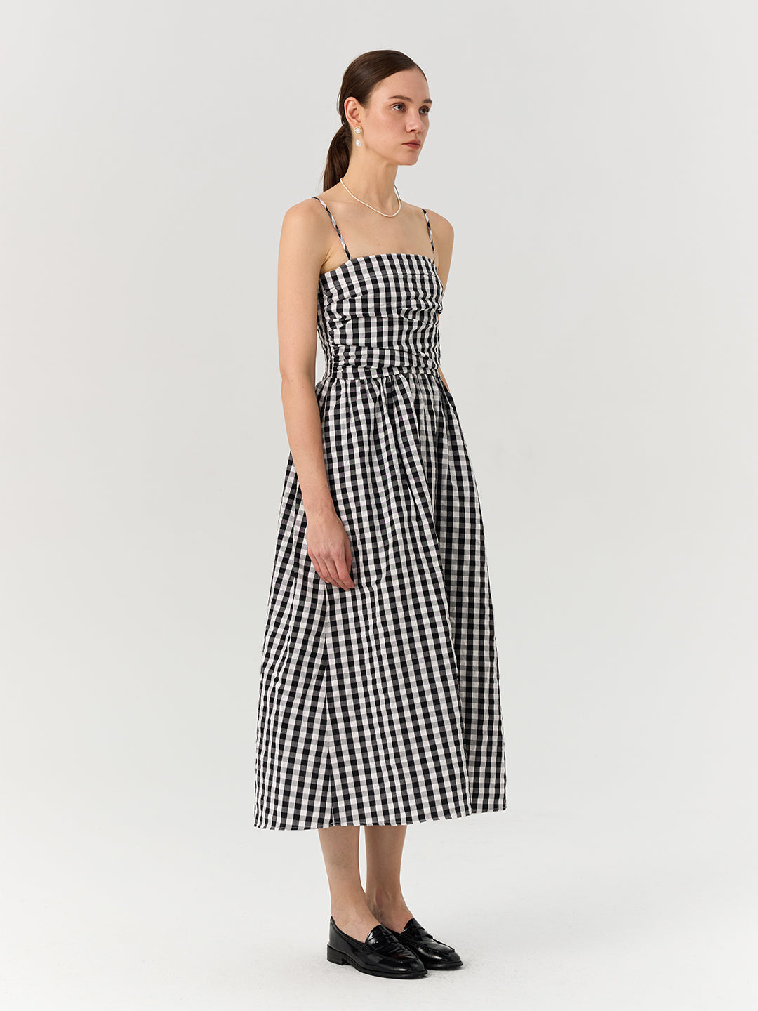 Vintage Pleated Waist-Cinching Plaid Long Slip Dress