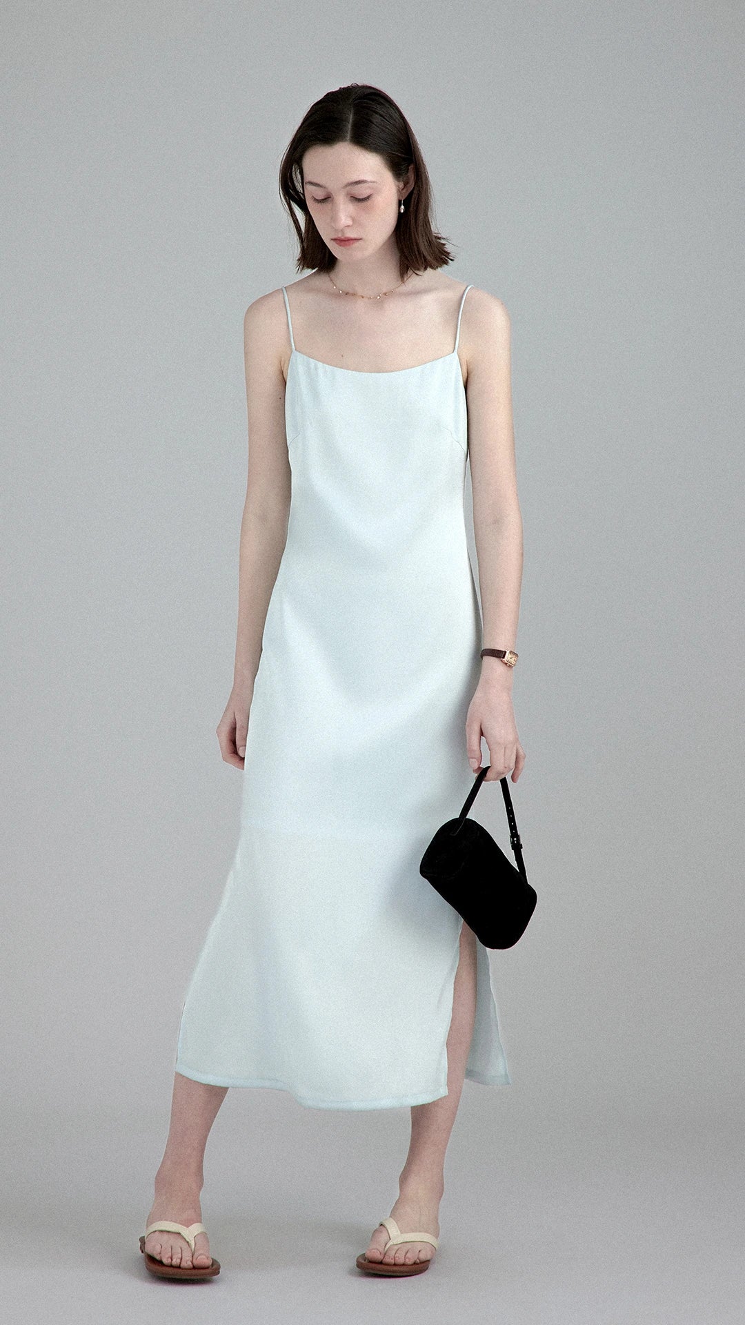 Minimalist Row Style Satin Slim Fit Split Hem Slip Dress