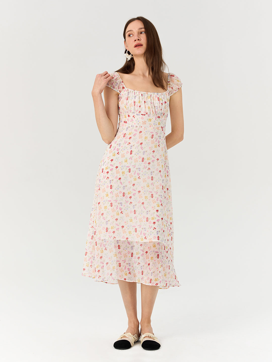 Pink Printed Cap Sleeve Pleated Dress