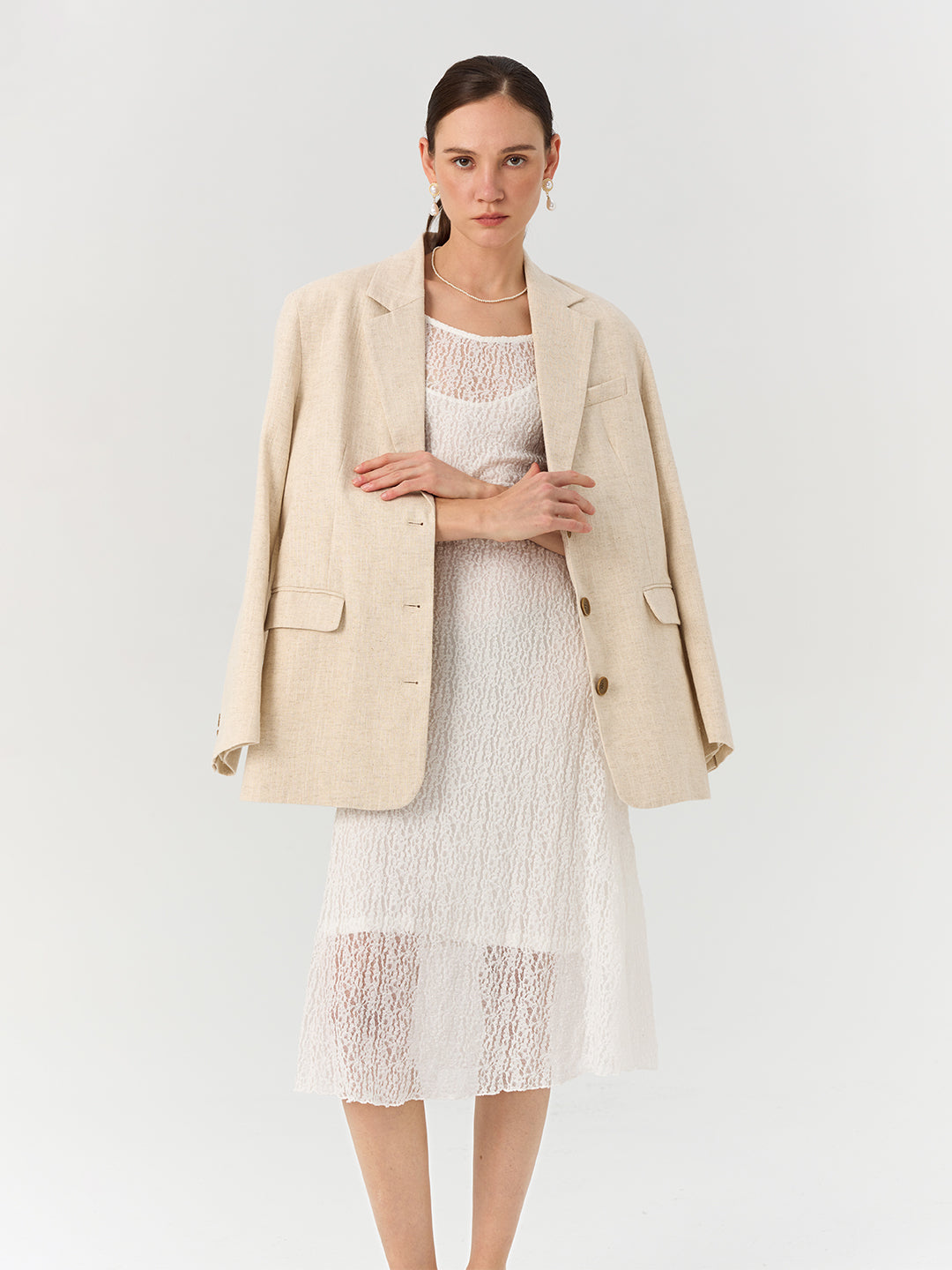 Linen-blend Casual Blazer with Shoulder Pads