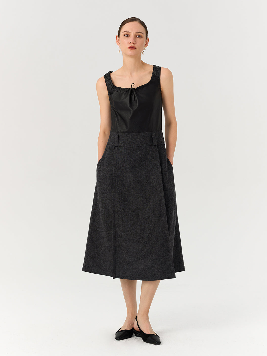 Patchwork Wool Blend A-Line Pleated Dress