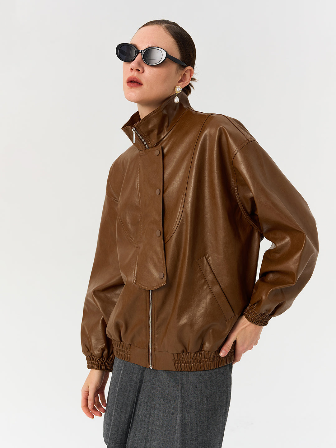 Waxed Faux Leather Oversized Bomber Jacket