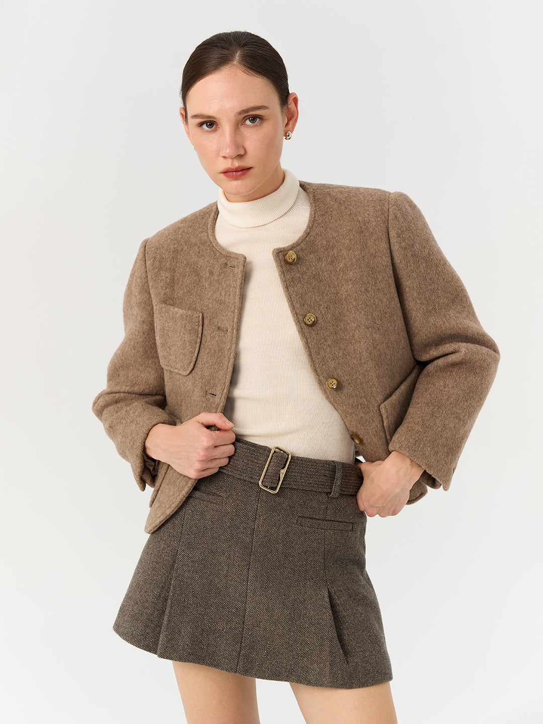 Pure Alpaca Wool Round Neck Short Jacket