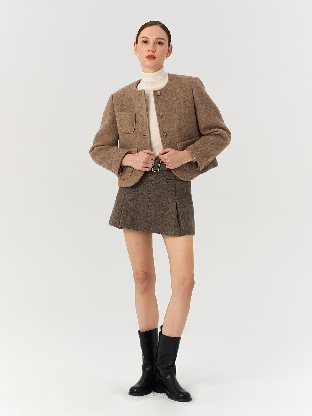 Pure Alpaca Wool Round Neck Short Jacket