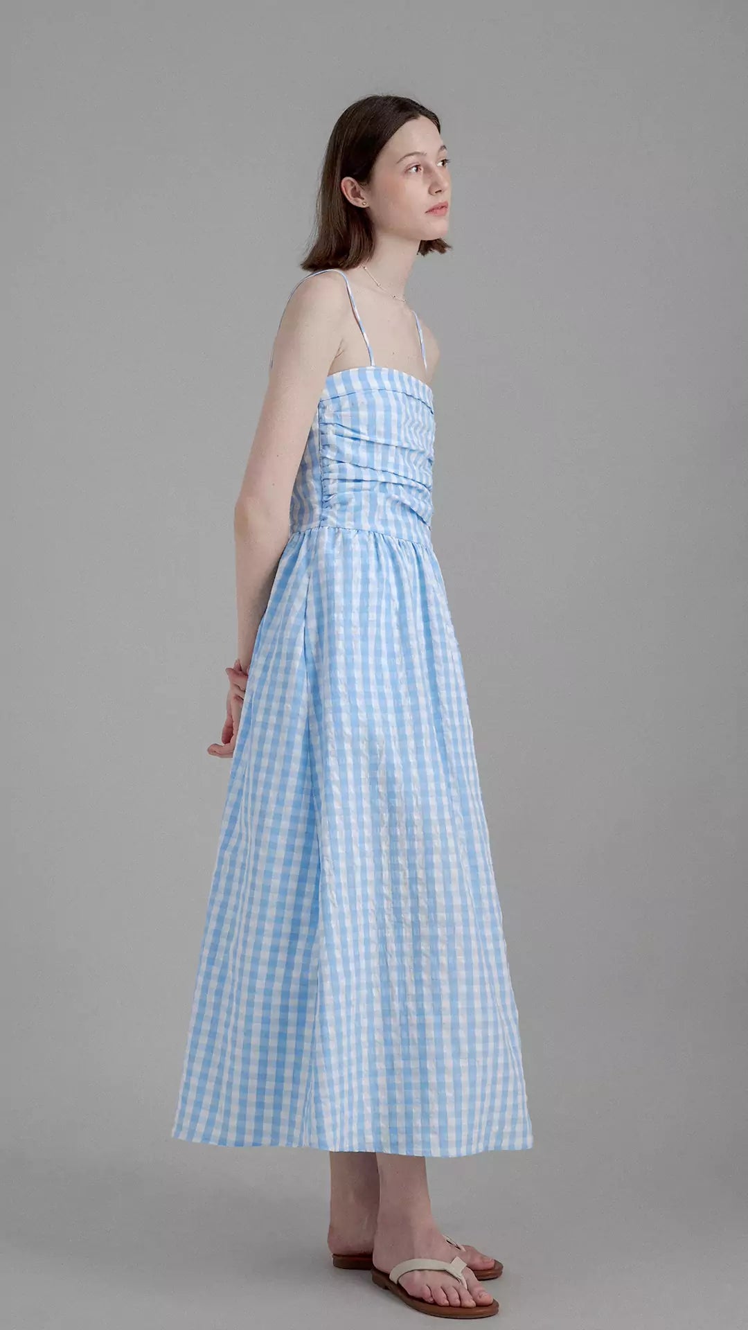 Vintage Pleated Waist-Cinching Plaid Long Slip Dress