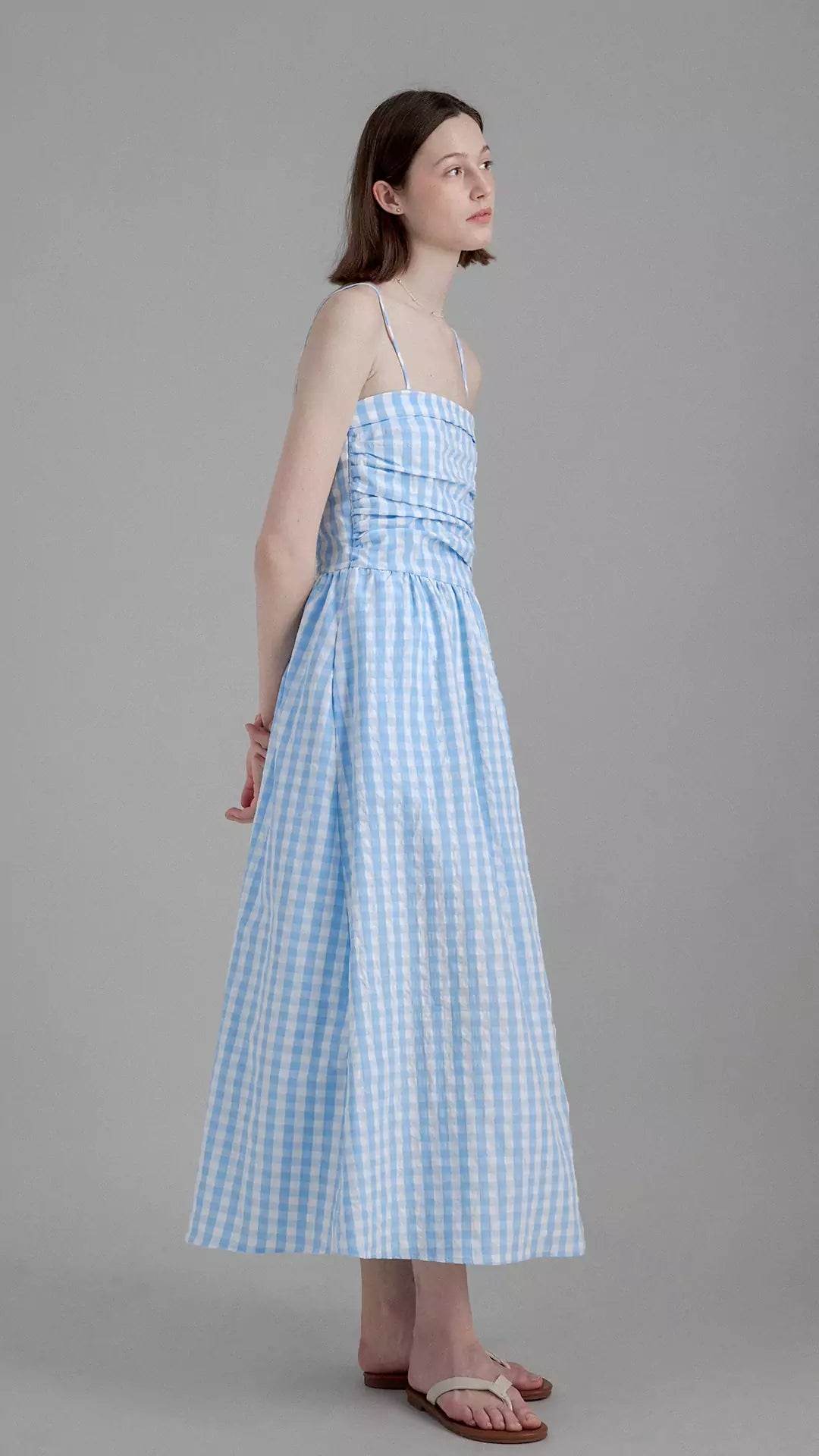 Vintage Pleated Waist-Cinching Plaid Long Slip Dress