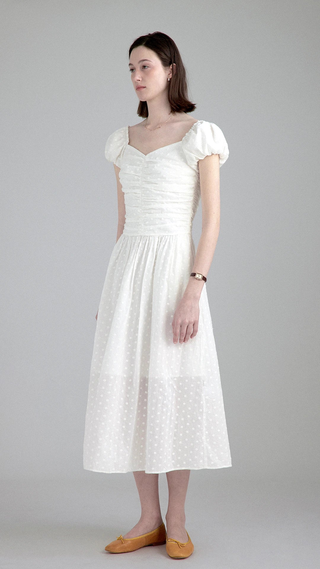 White Embroidered Waist-Defined Dress