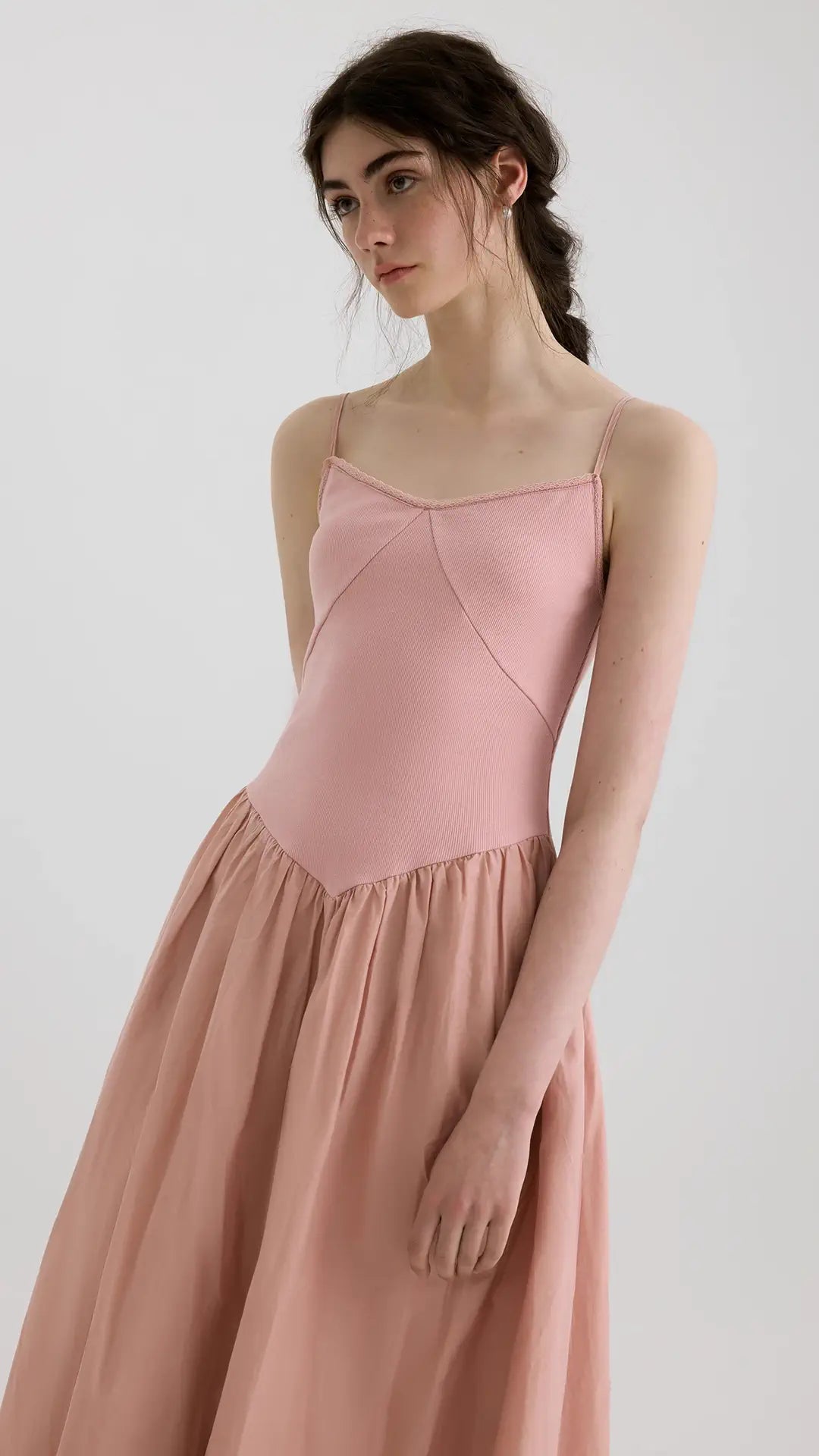 Summer Ballet Dress with Knit Patchwork and Puffy Hem in Long Cotton