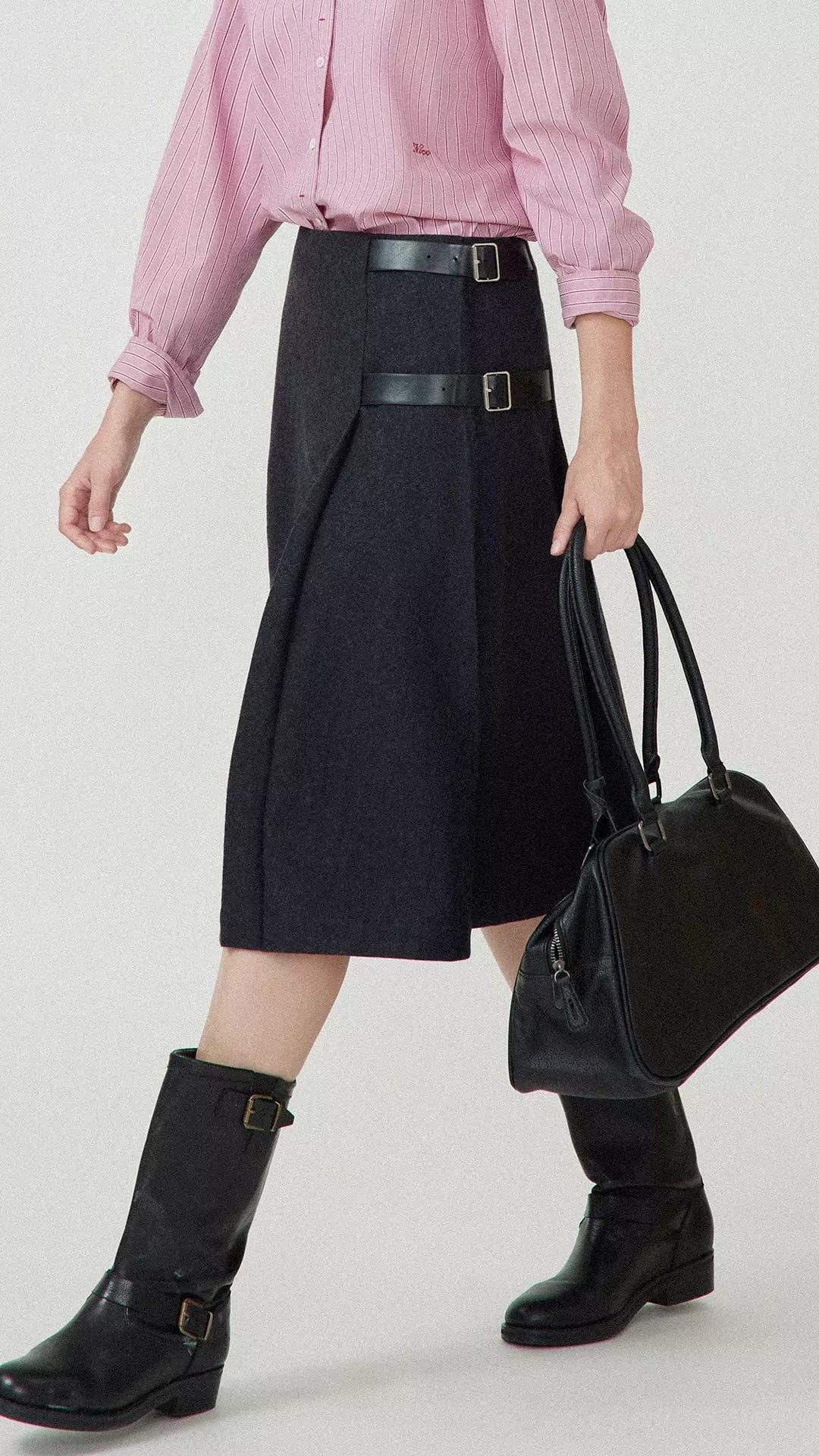 Vintage Wool Pleats Midi Skirt with Leather Buckle