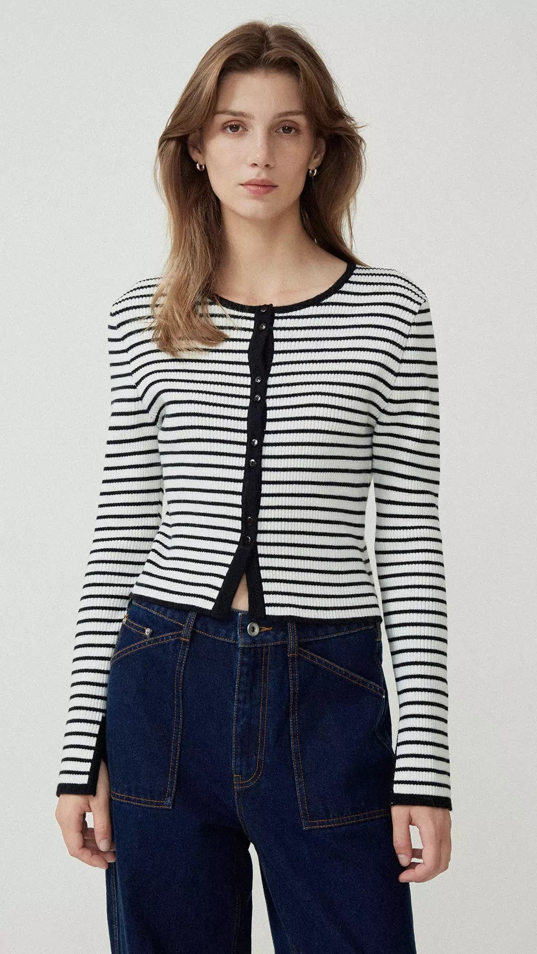 Stripe Round Neck Knitted Cardigan