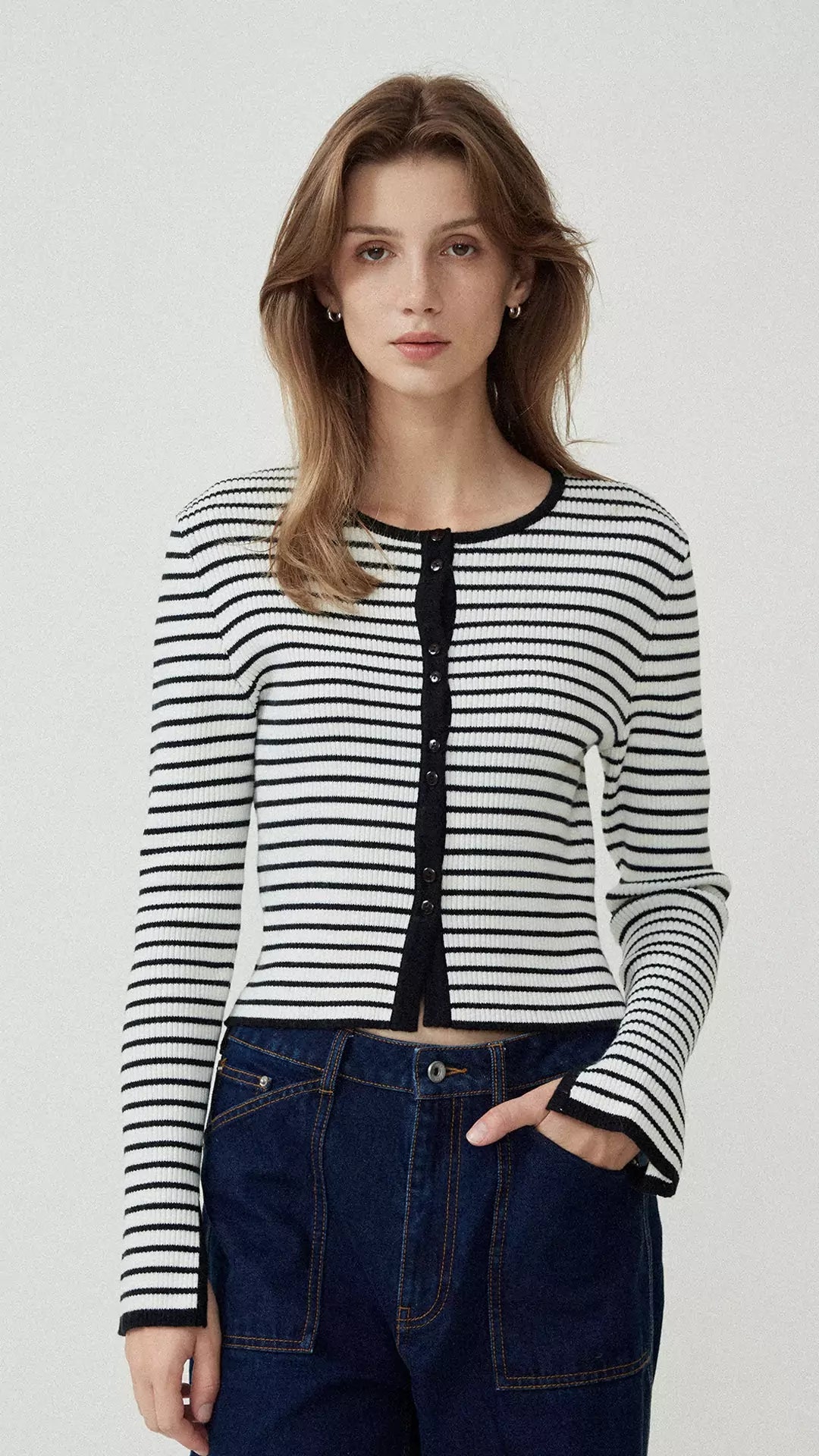 Stripe Round Neck Knitted Cardigan