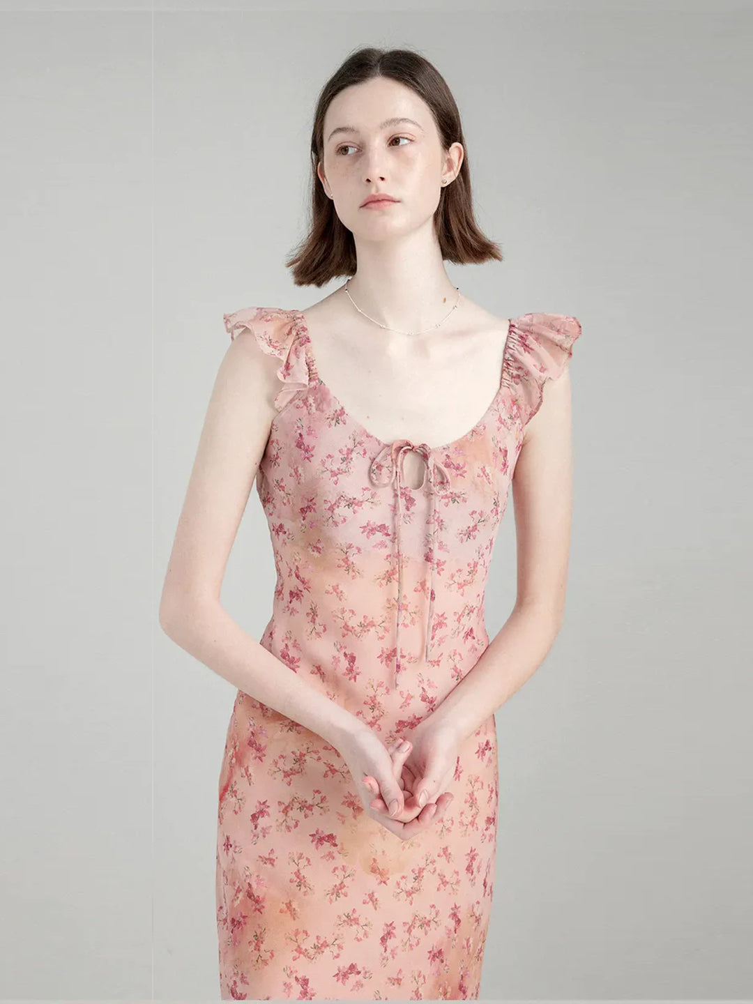 French Tea Break Romantic Floral Waist-Cinched Flutter Sleeve Dress