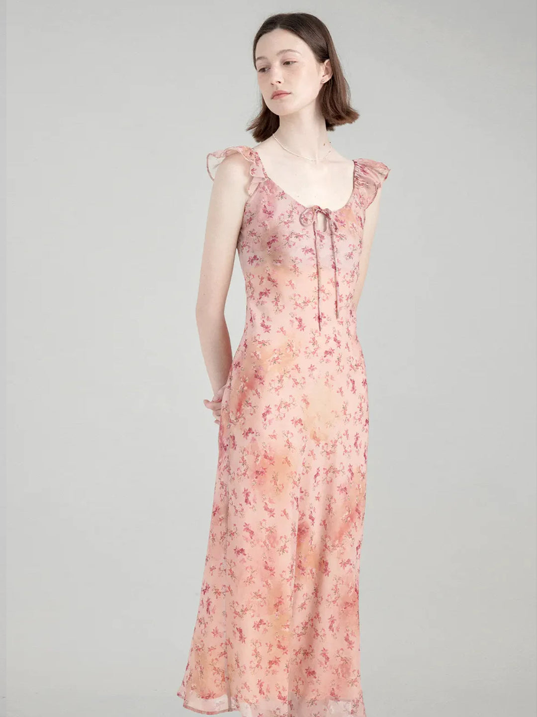 French Tea Break Romantic Floral Waist-Cinched Flutter Sleeve Dress