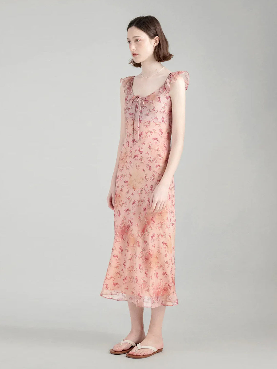 French Tea Break Romantic Floral Waist-Cinched Flutter Sleeve Dress