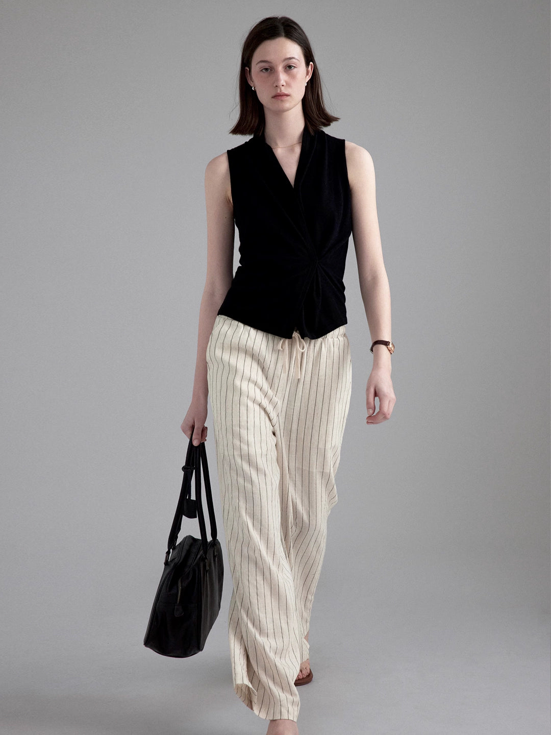 Linen Blend Striped Casual Wide Leg Pants