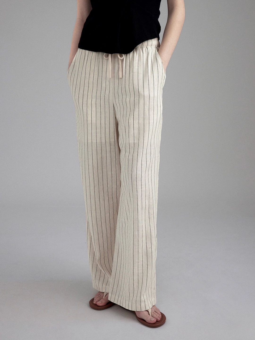 Linen Blend Striped Casual Wide Leg Pants