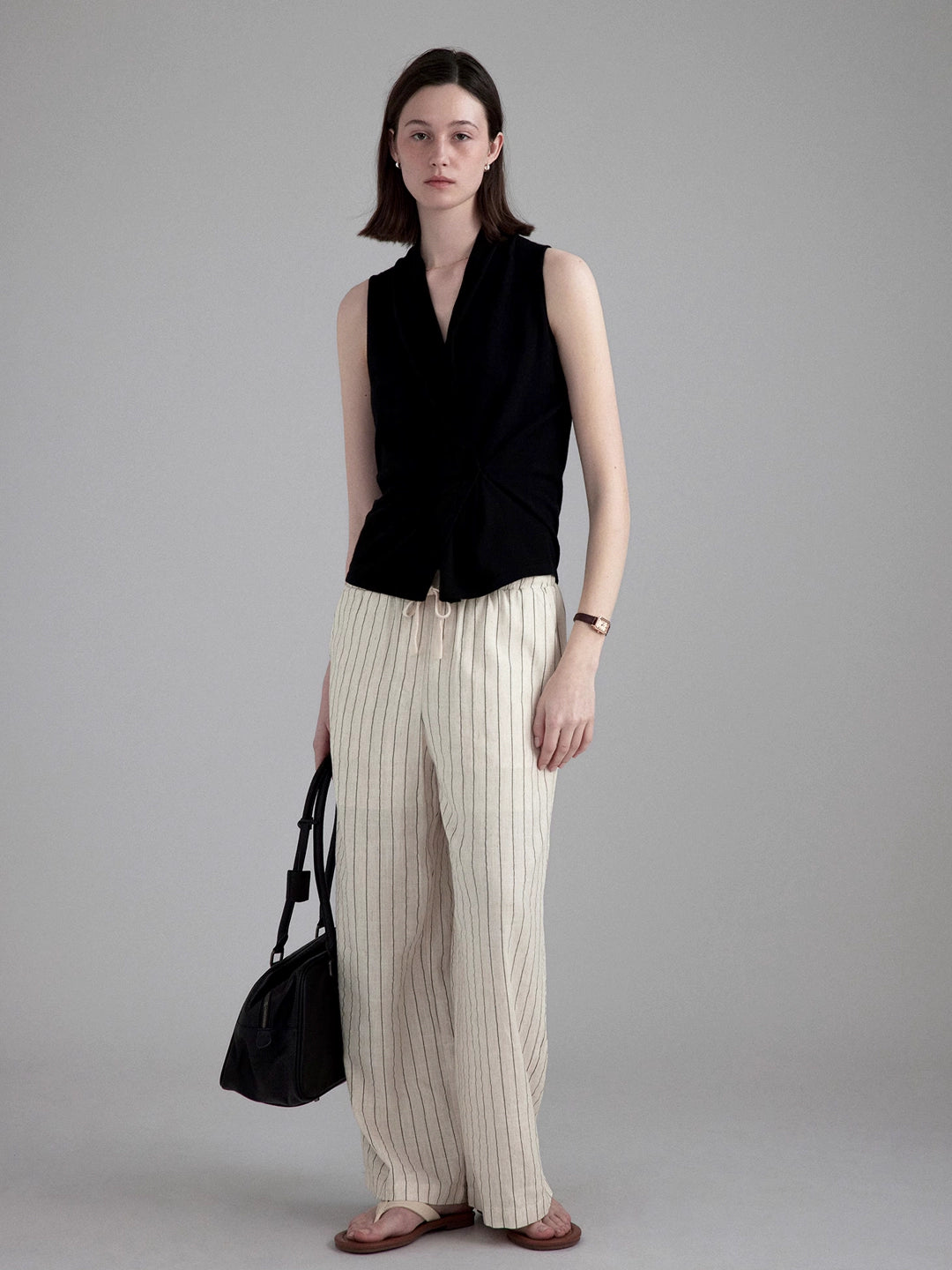 Linen Blend Striped Casual Wide Leg Pants