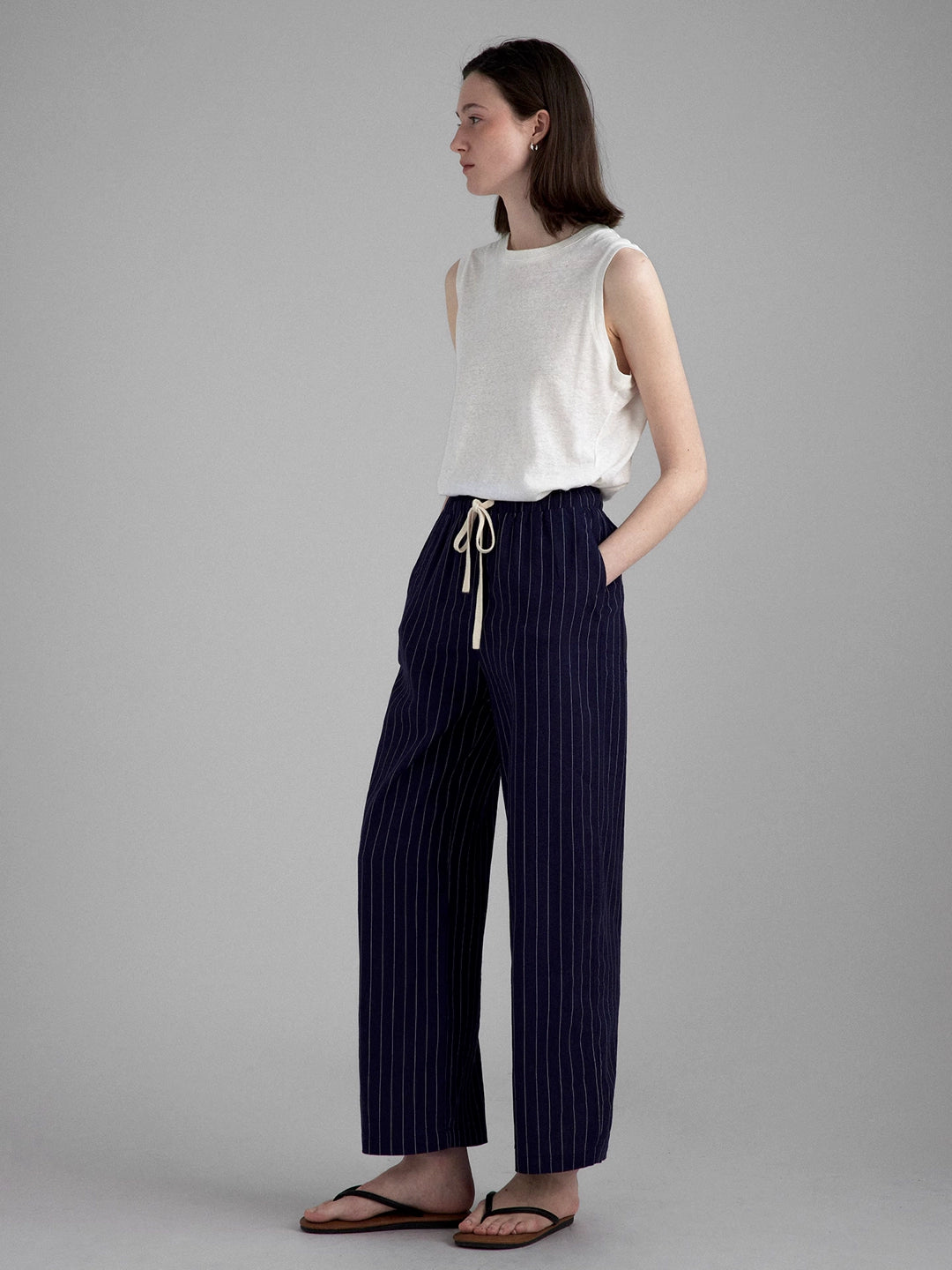 Linen Blend Striped Casual Wide Leg Pants