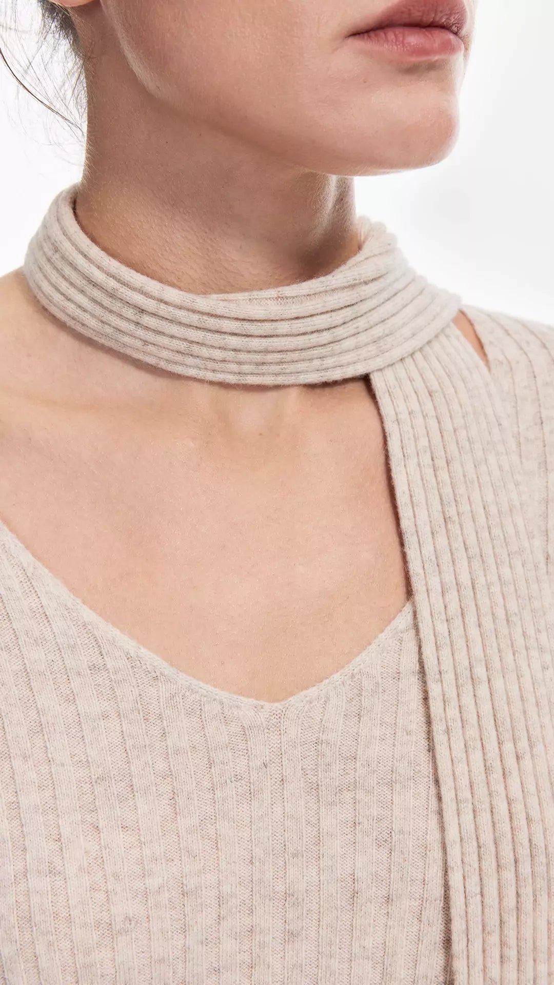 V-Neck Ribbed Knit Sweater with Pocket-Accent Scarf