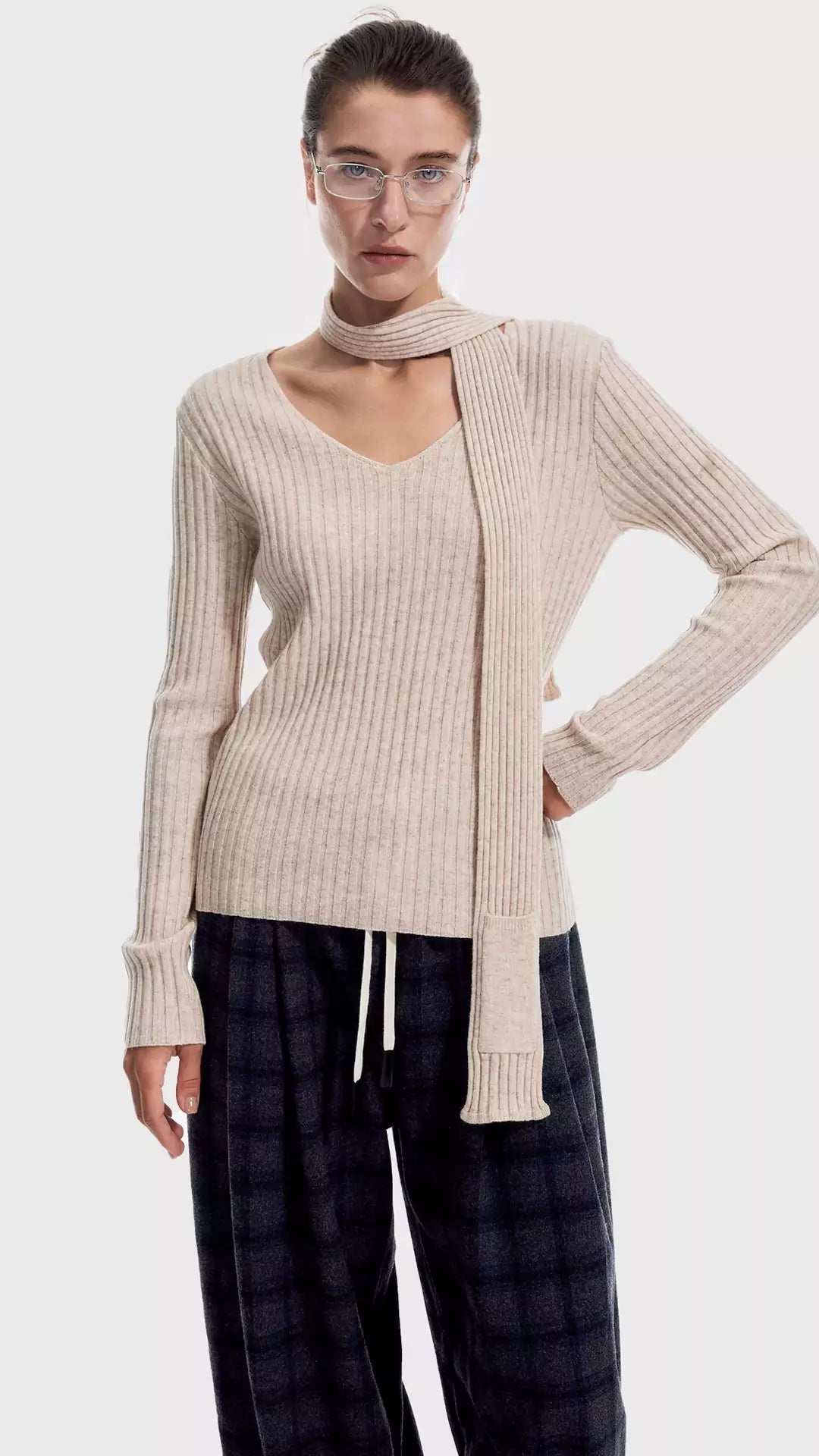 V-Neck Ribbed Knit Sweater with Pocket-Accent Scarf