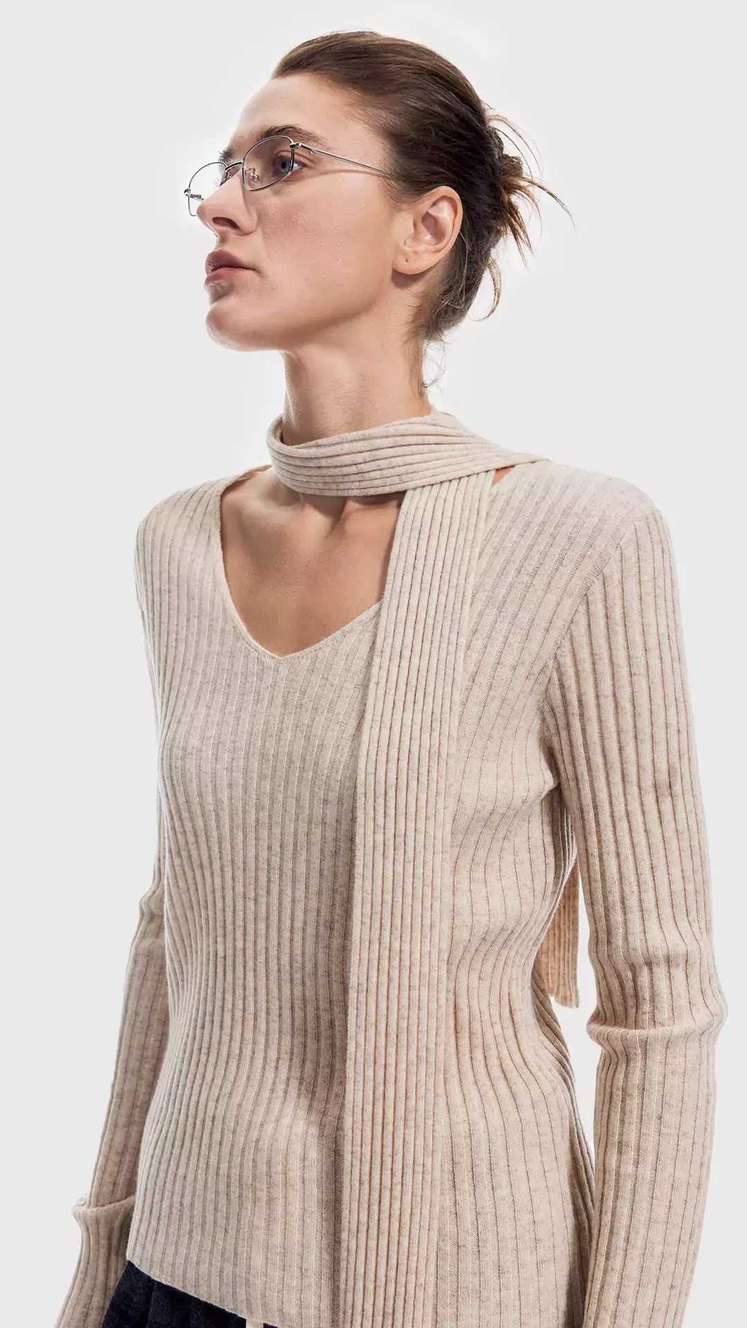 V-Neck Ribbed Knit Sweater with Pocket-Accent Scarf