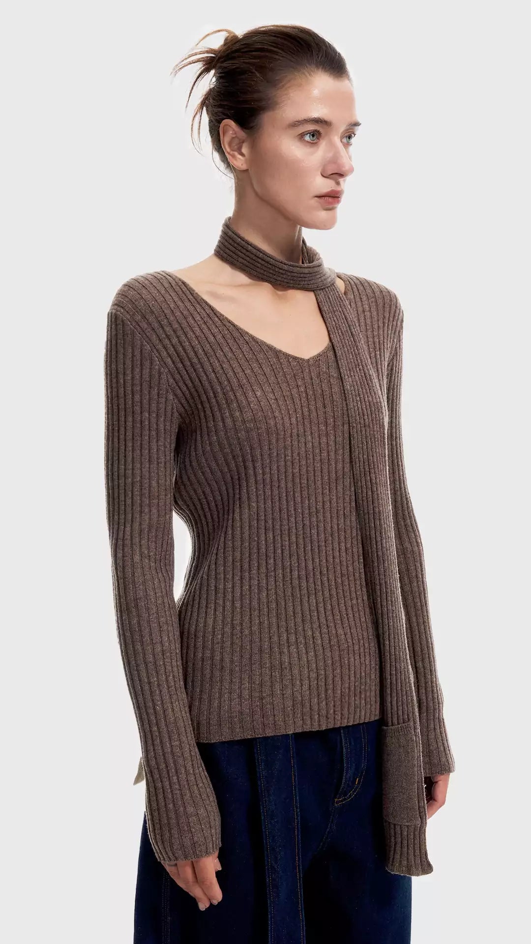 V-Neck Ribbed Knit Sweater with Pocket-Accent Scarf