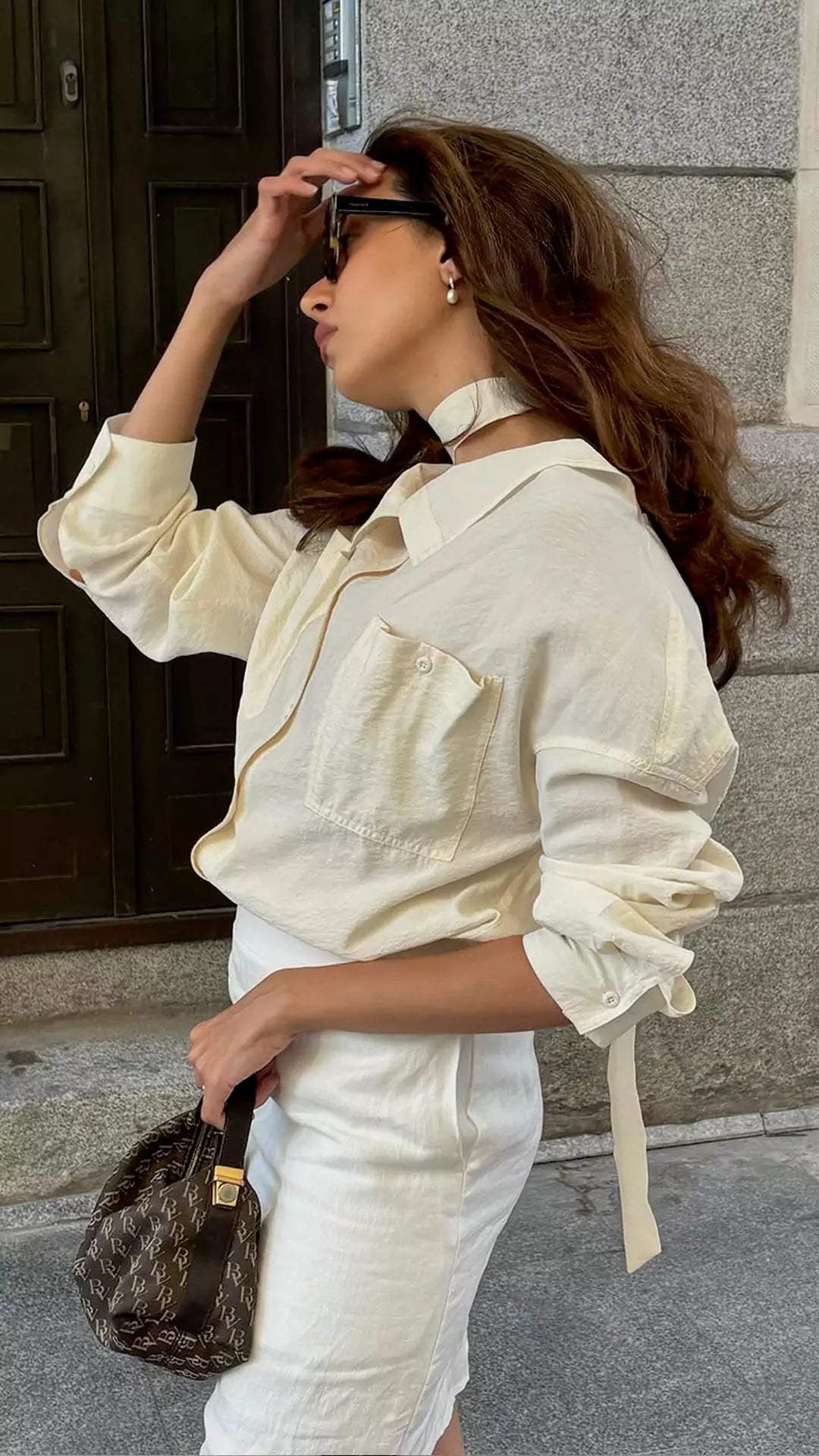 Romantic Silk Shirt with Detachable Ribbon and Large Pockets