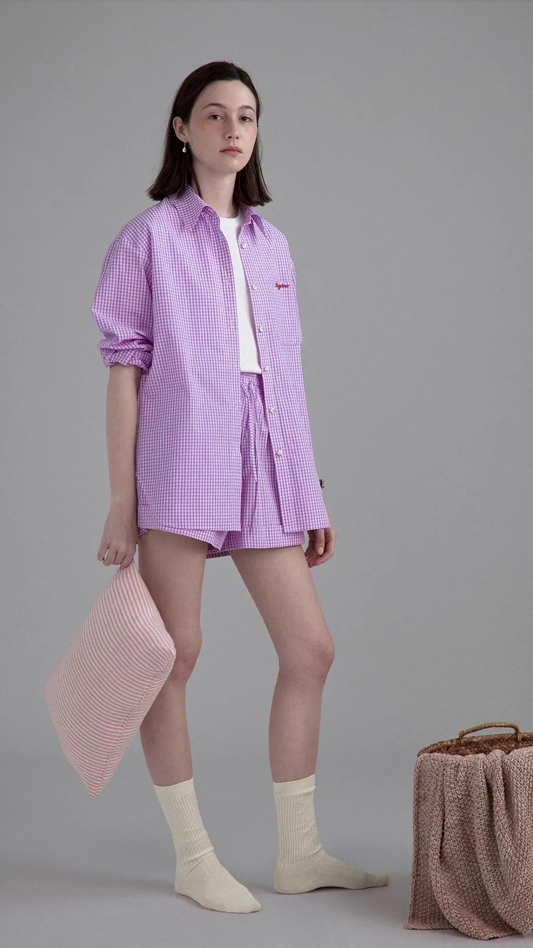 Lightweight pink plaid daily shirt/shorts