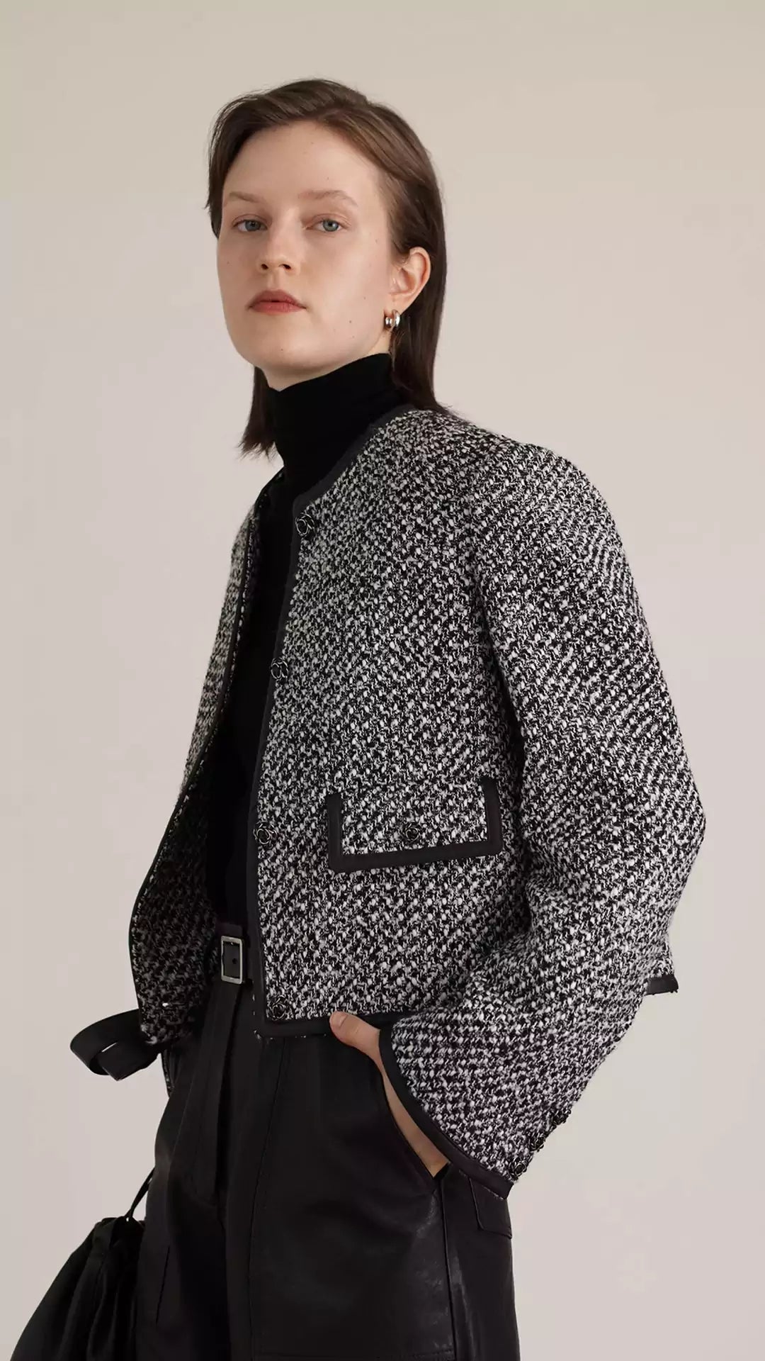 Tweed Wool & Leather Short Jacket