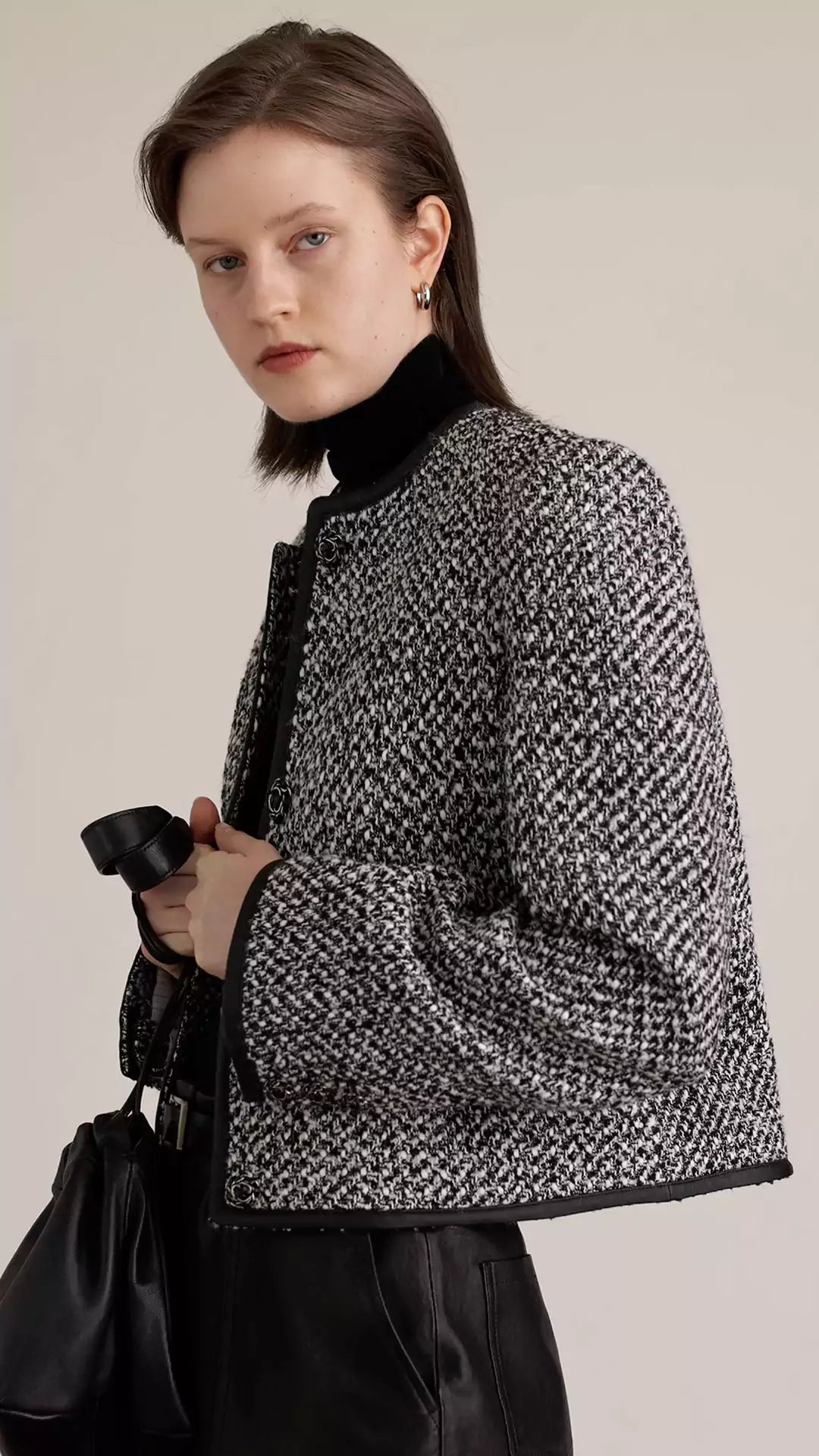 Tweed Wool & Leather Short Jacket