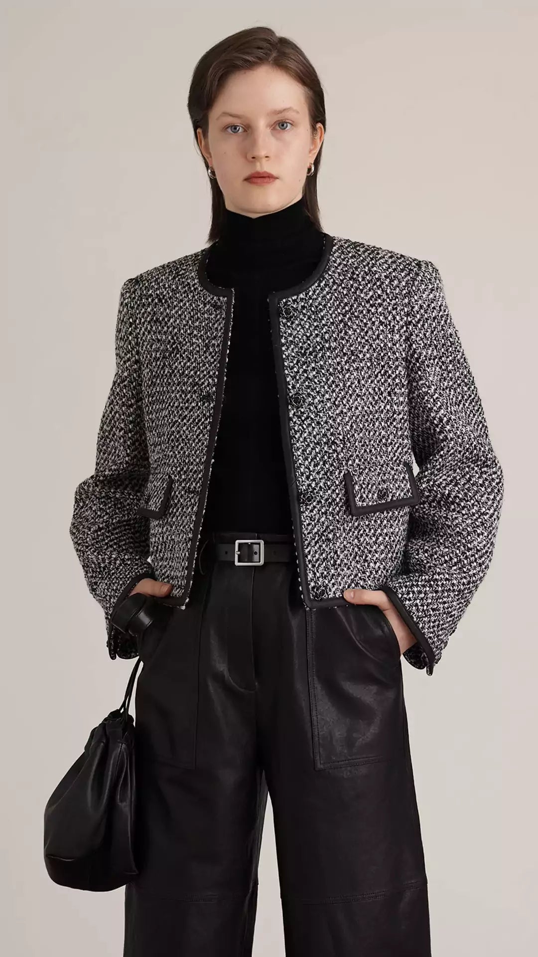 Tweed Wool & Leather Short Jacket