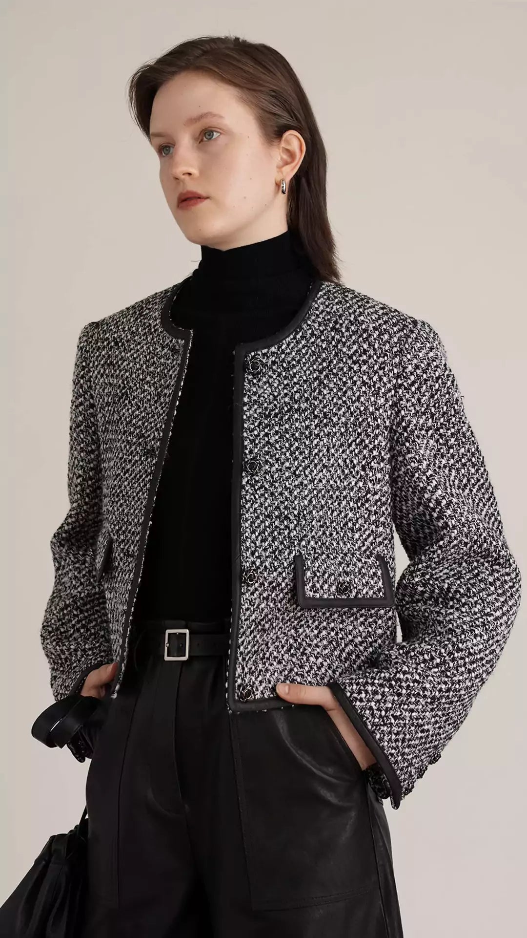 Tweed Wool & Leather Short Jacket