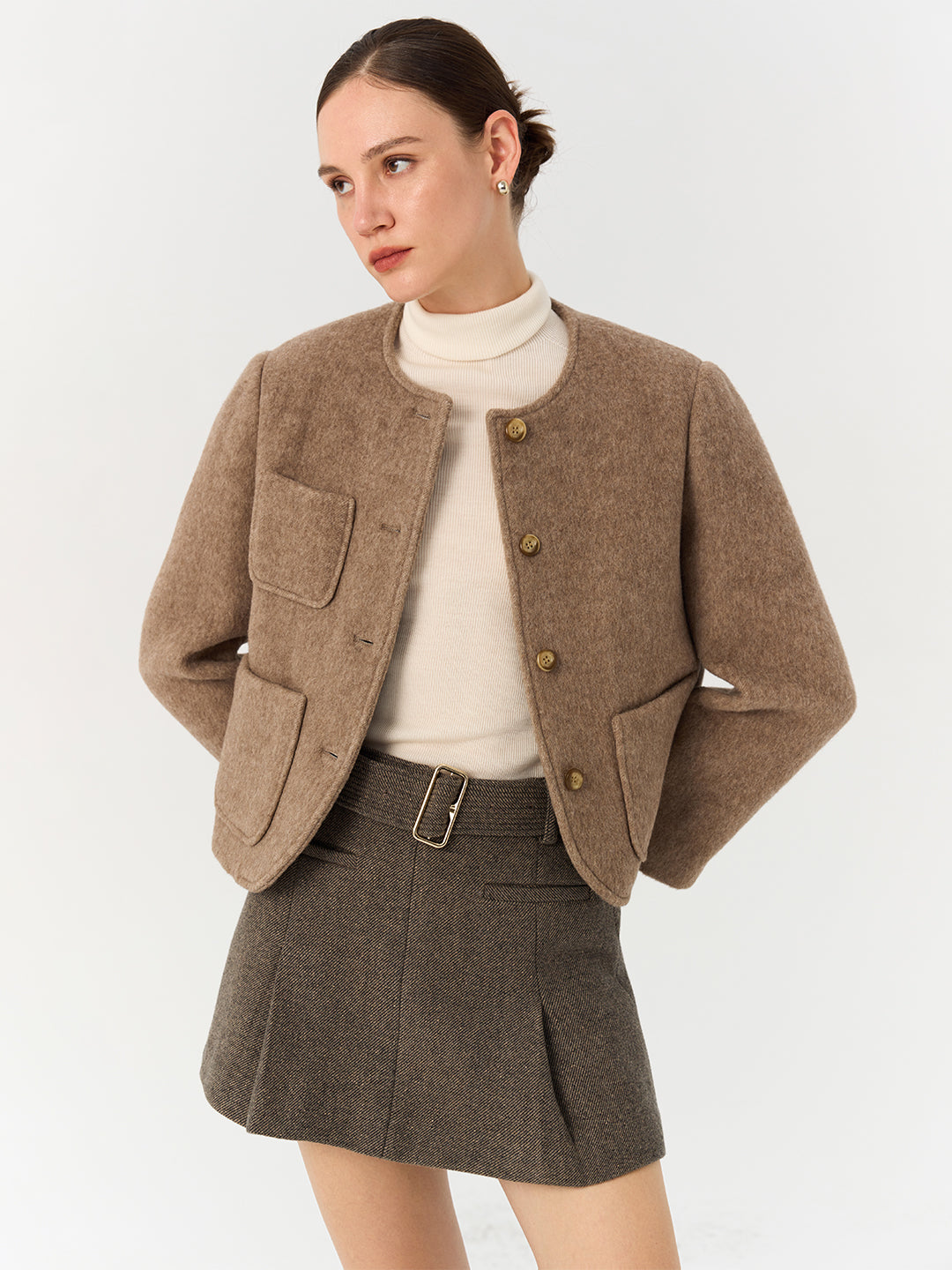 Pure Alpaca Wool Round Neck Short Jacket