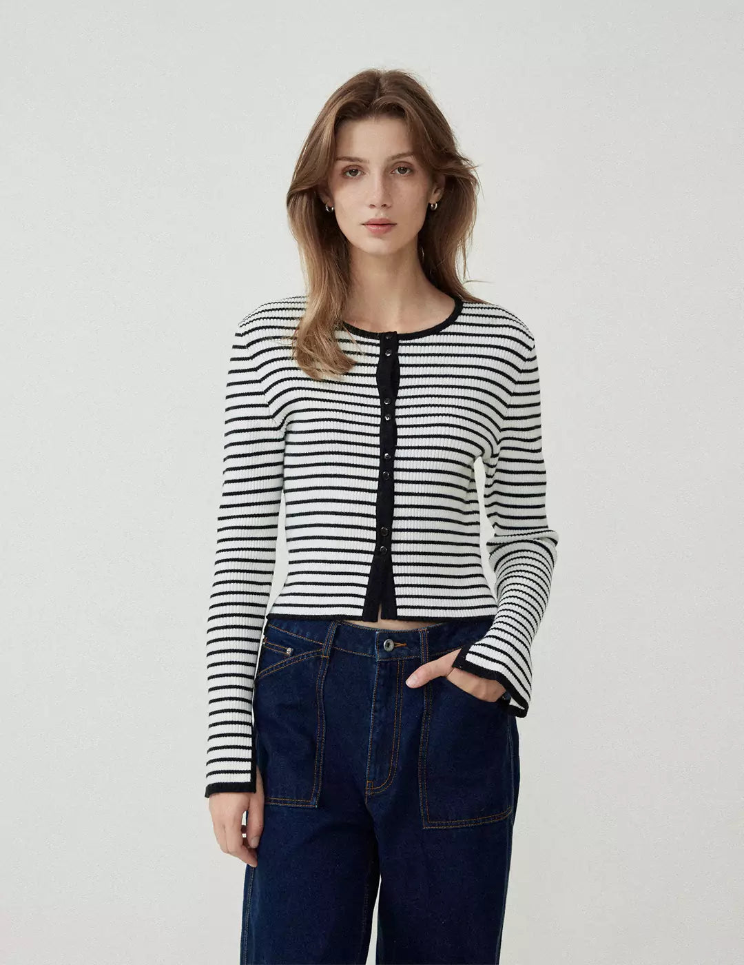 Stripe Round Neck Knitted Cardigan