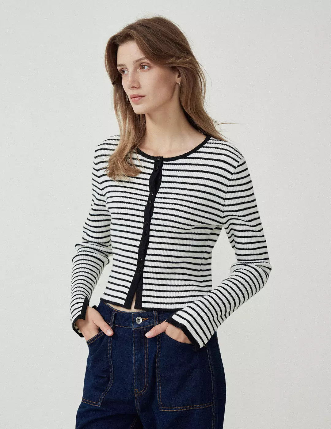 Stripe Round Neck Knitted Cardigan