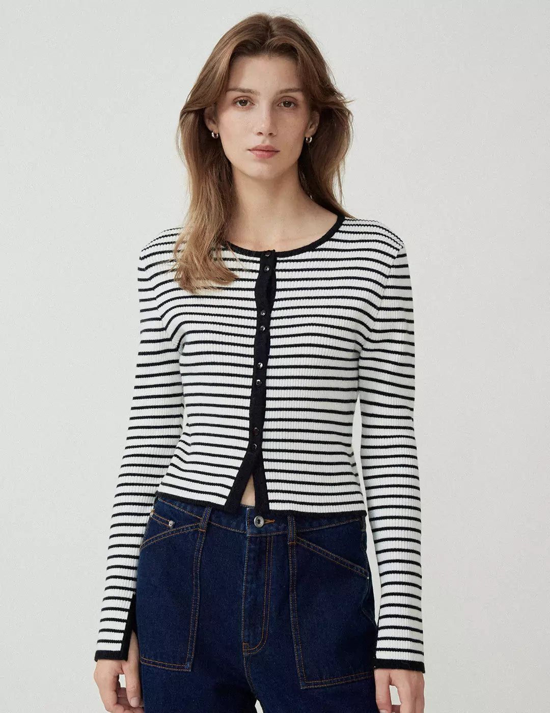 Stripe Round Neck Knitted Cardigan