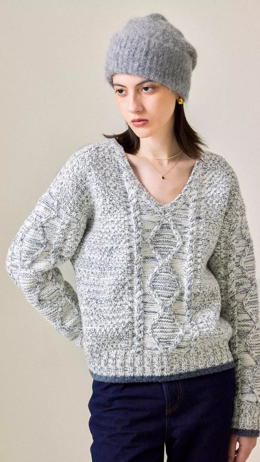 Cable-Knit Color-Block V-Neck Classic Sweater